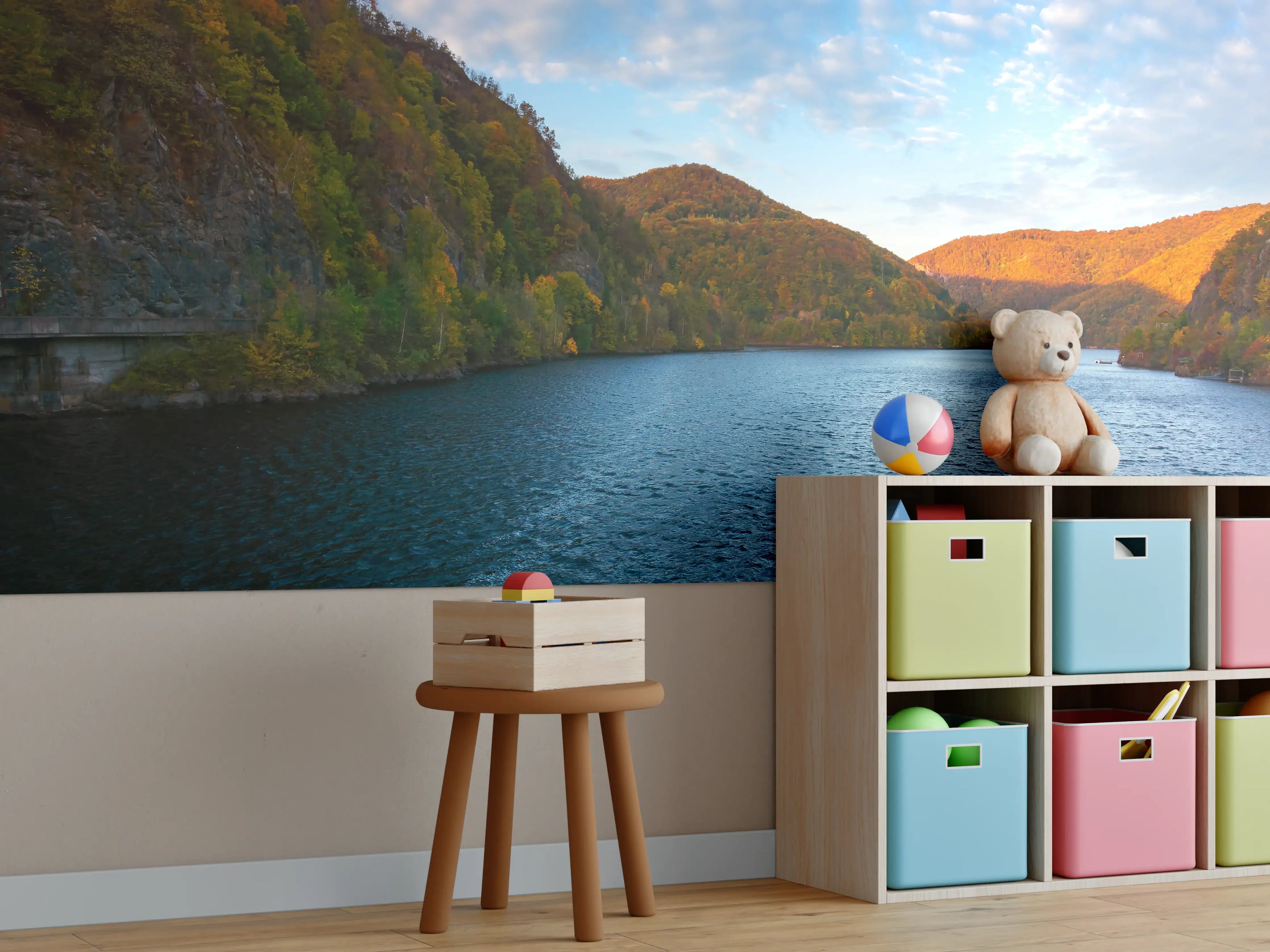 Kinderzimmer Wandgestaltung - Majestätischer See inmitten herbstlicher Berge