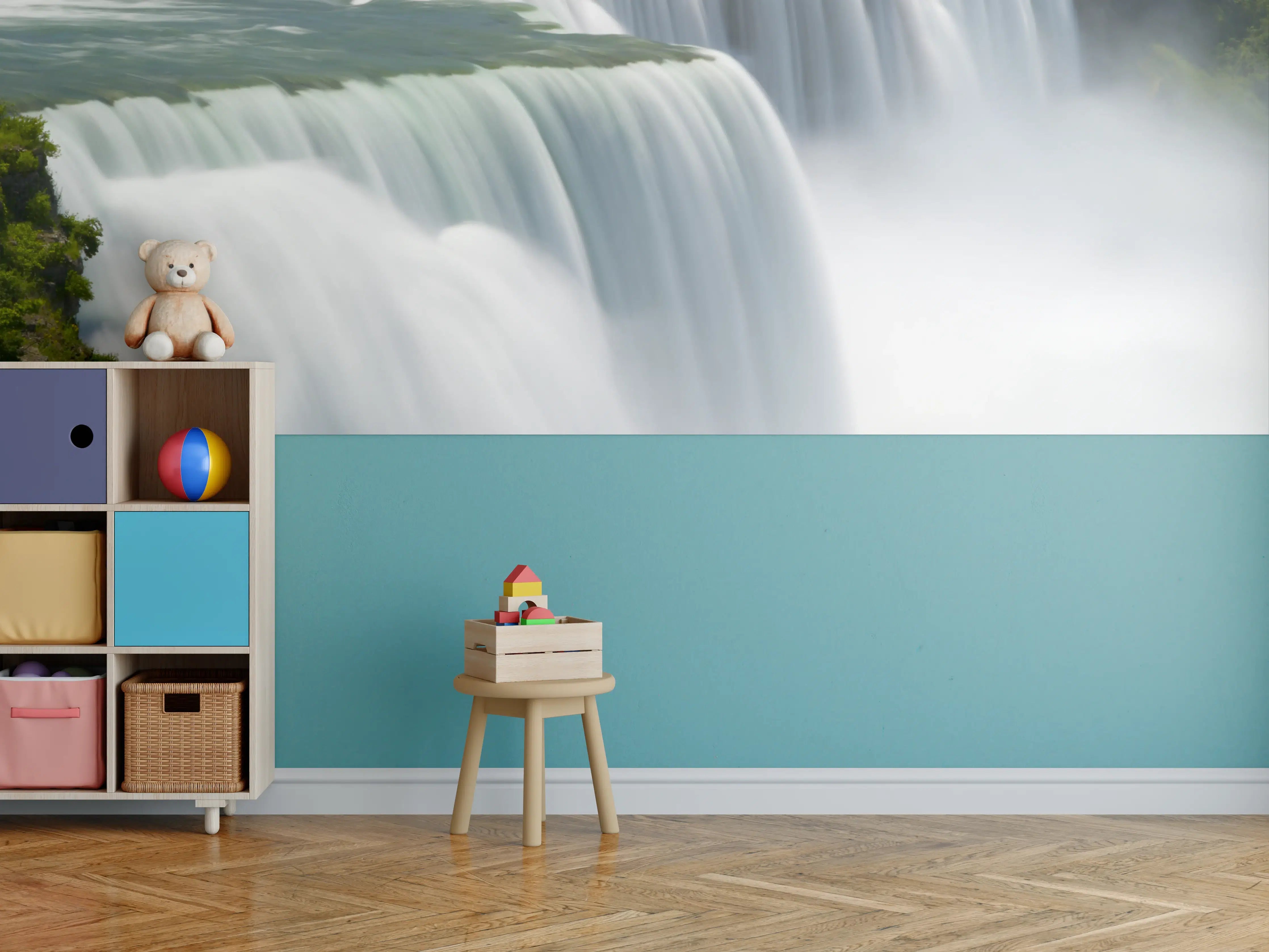 Kinderzimmer Wandgestaltung - Majestätischer Wasserfall mit üppiger Vegetation