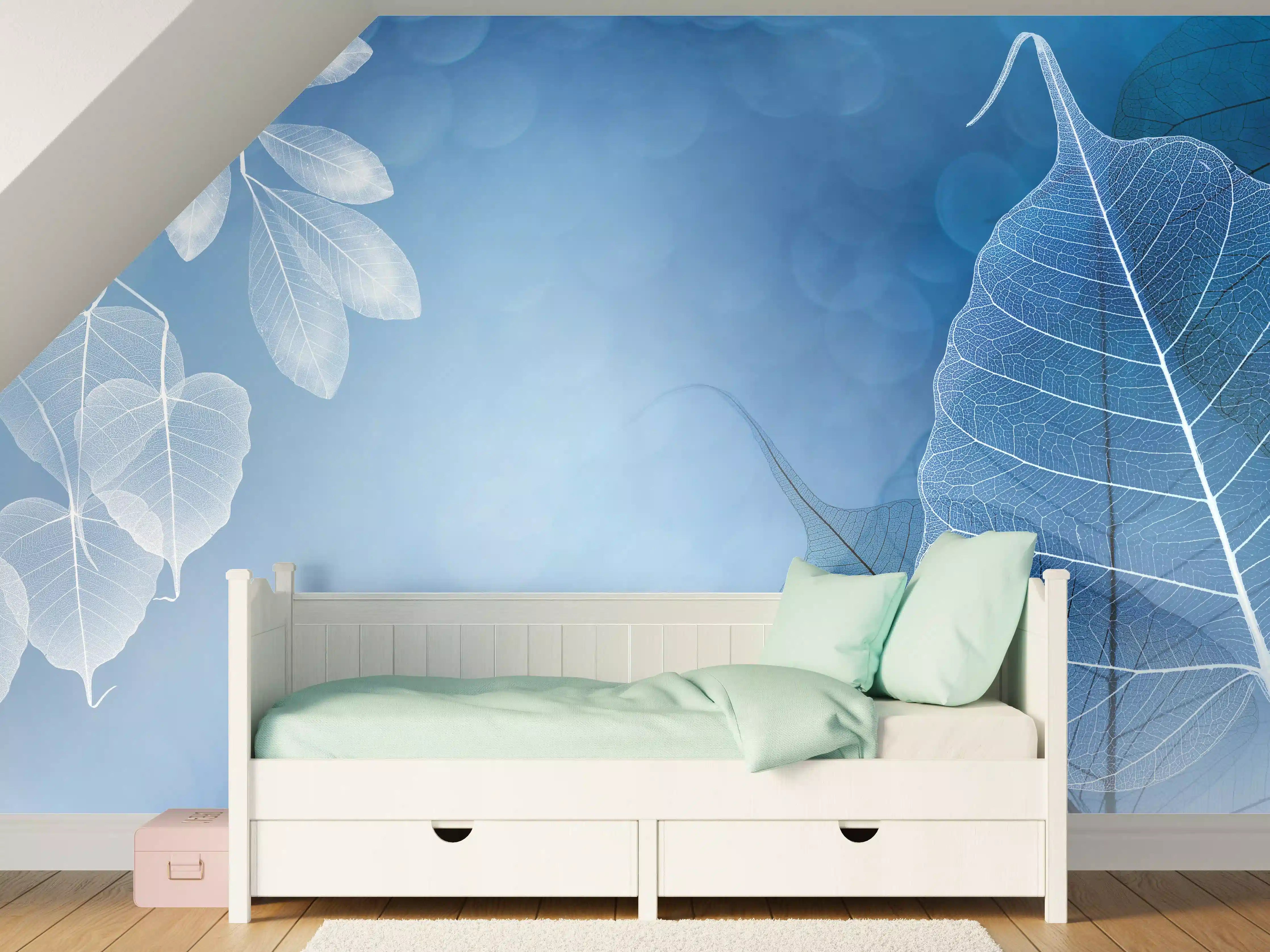 Kinderzimmer Wandgestaltung - Makro Blätter Blau-Grau Kunst
