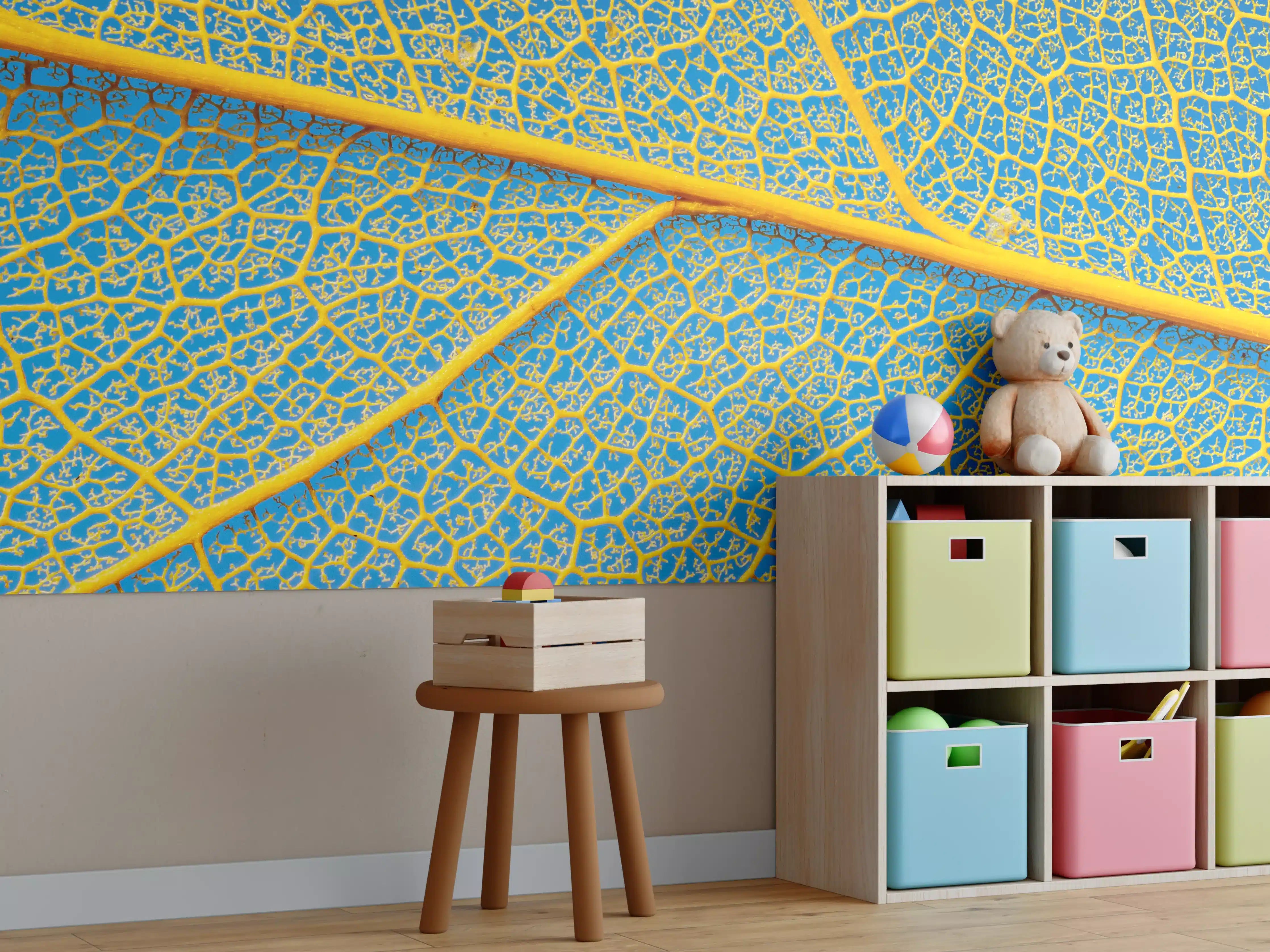 Kinderzimmer Wandgestaltung - Makro Blattadern Textur Gelb-Blau