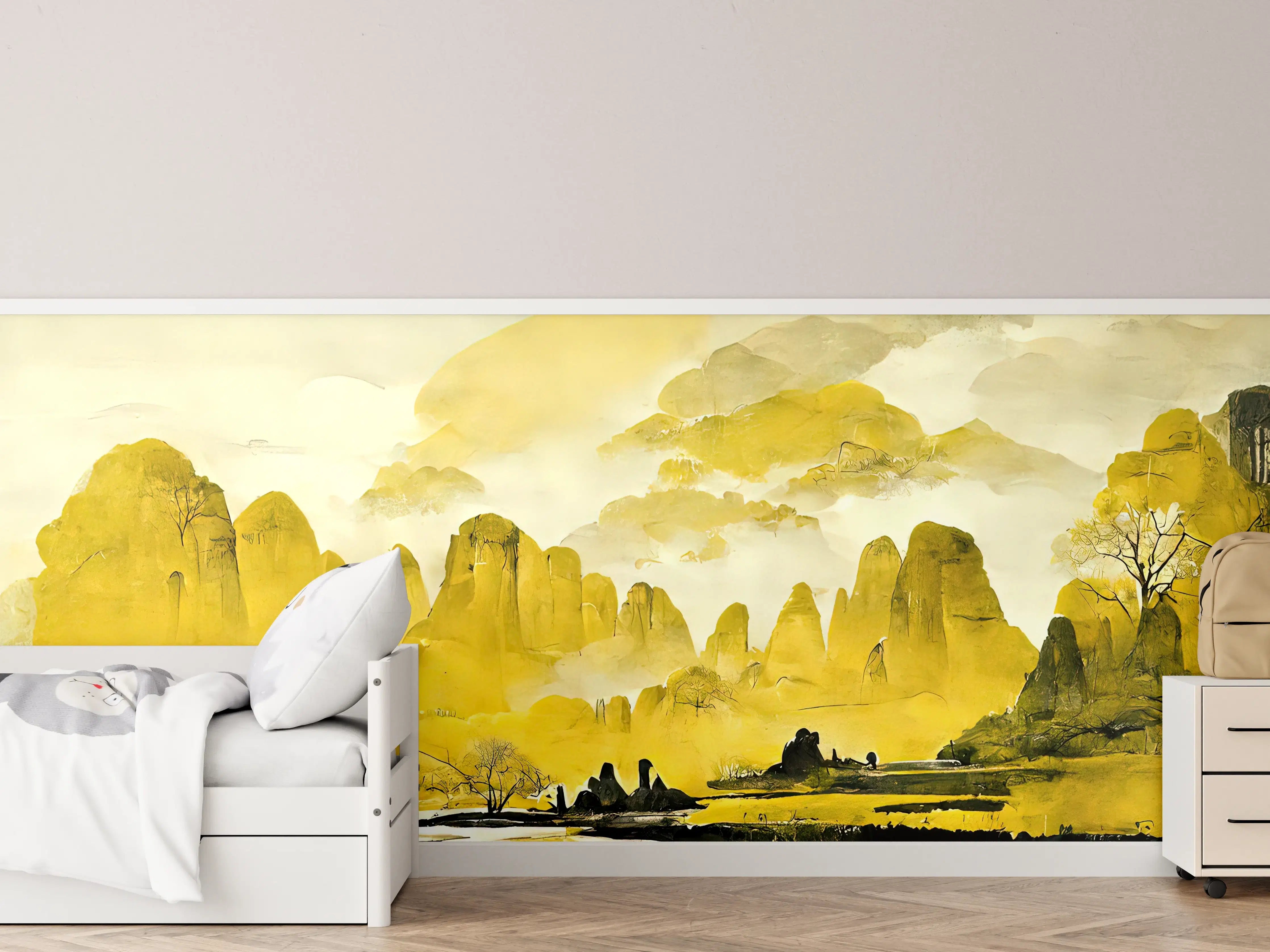 Kinderzimmer Wandgestaltung - Malerei der dramatischen Berglandschaft in sanften Gelb- und Grautönen