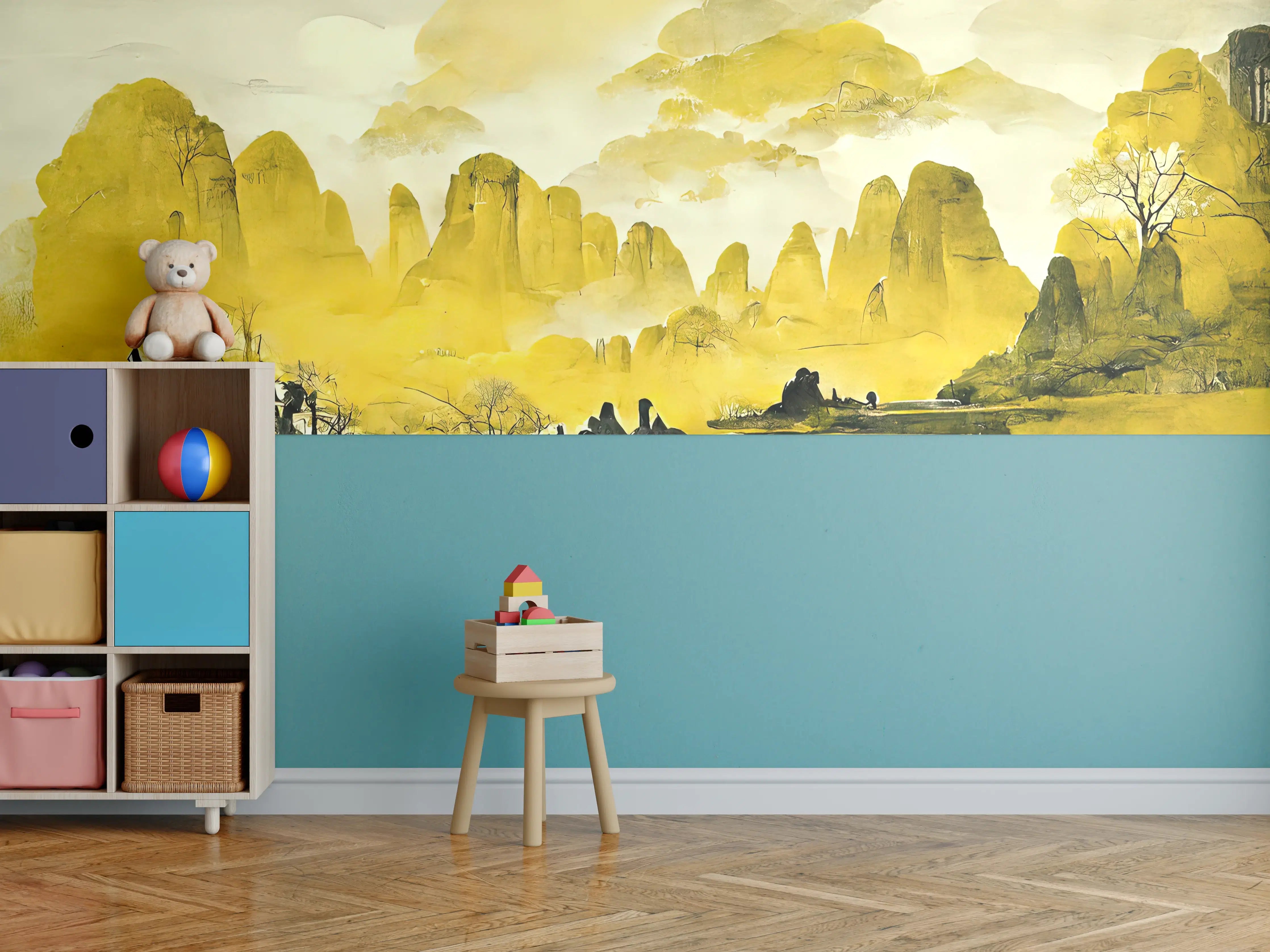 Kinderzimmer Wandgestaltung - Malerei der dramatischen Berglandschaft in sanften Gelb- und Grautönen