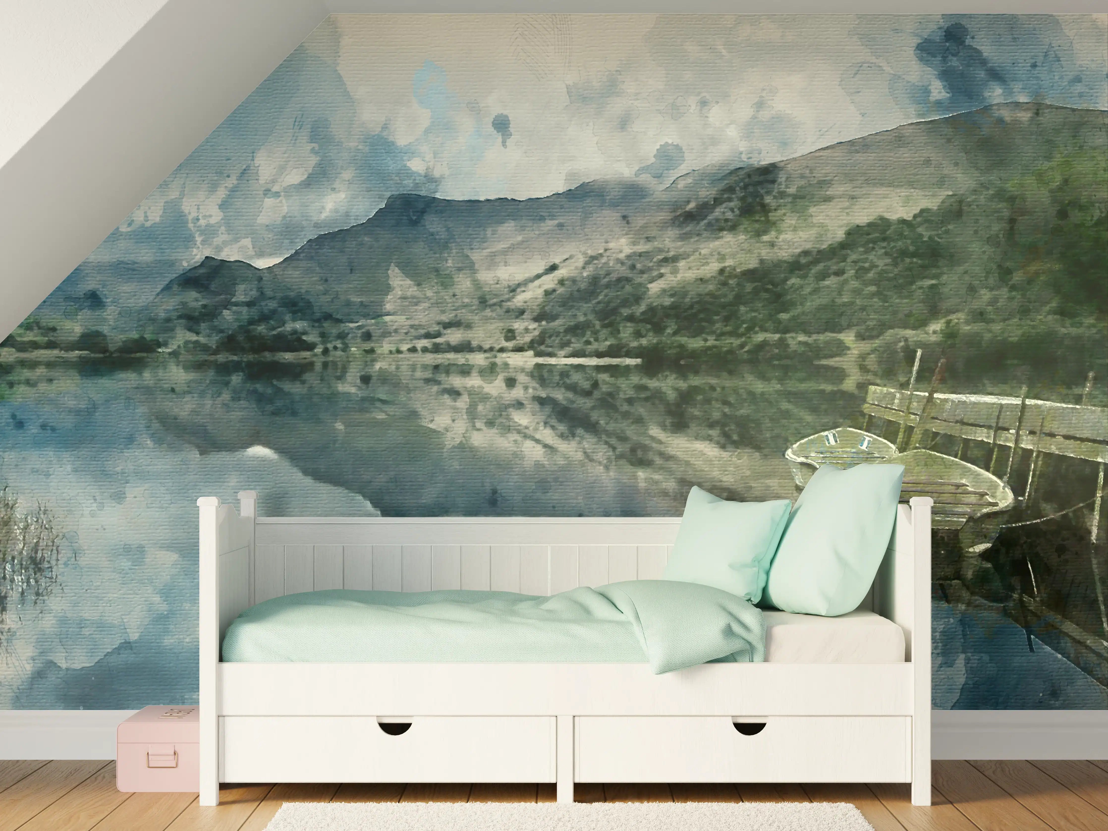 Kinderzimmer Wandgestaltung - Malerei eines ruhigen Sees mit Booten