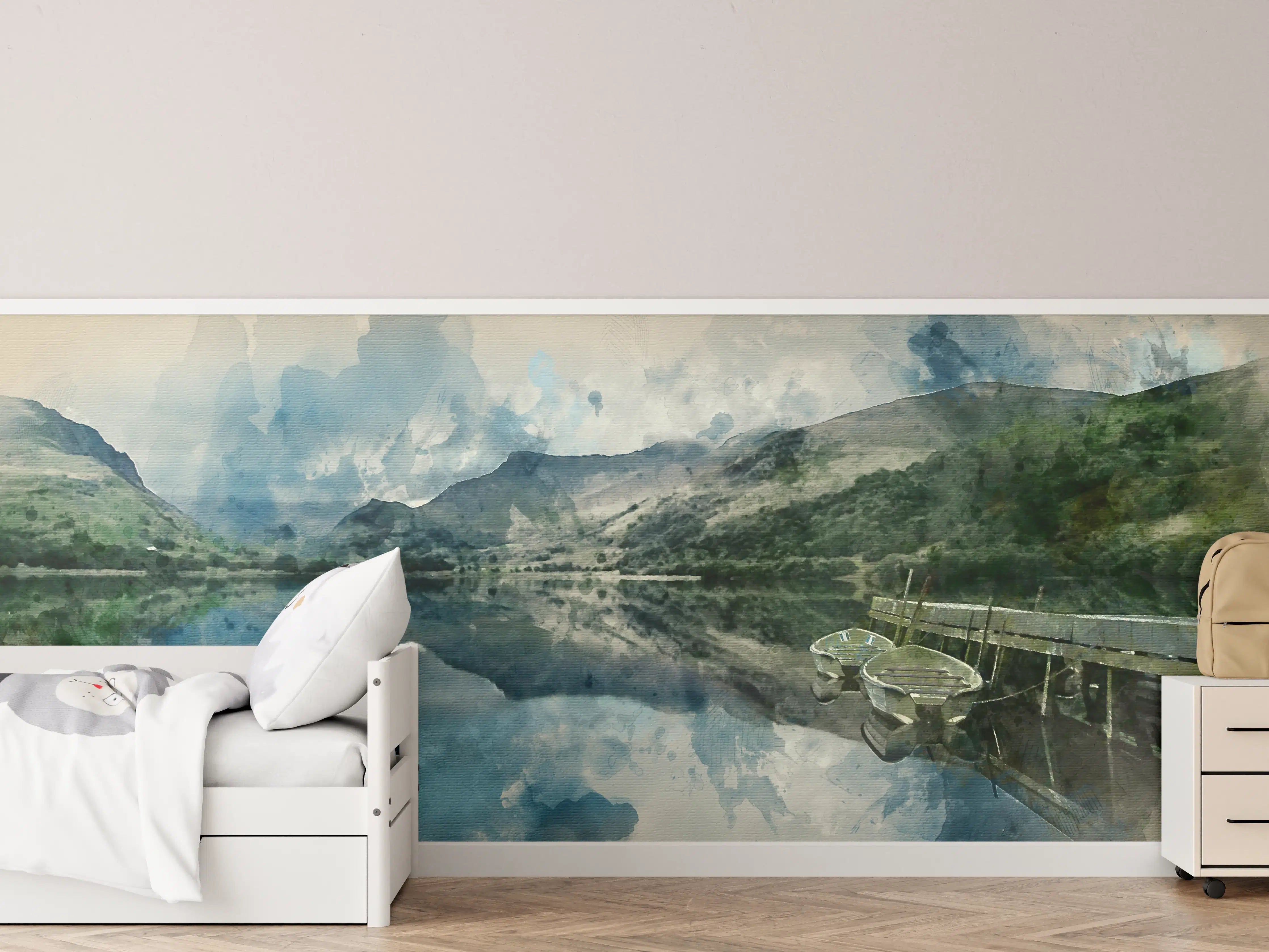 Kinderzimmer Wandgestaltung - Malerei eines ruhigen Sees mit Booten