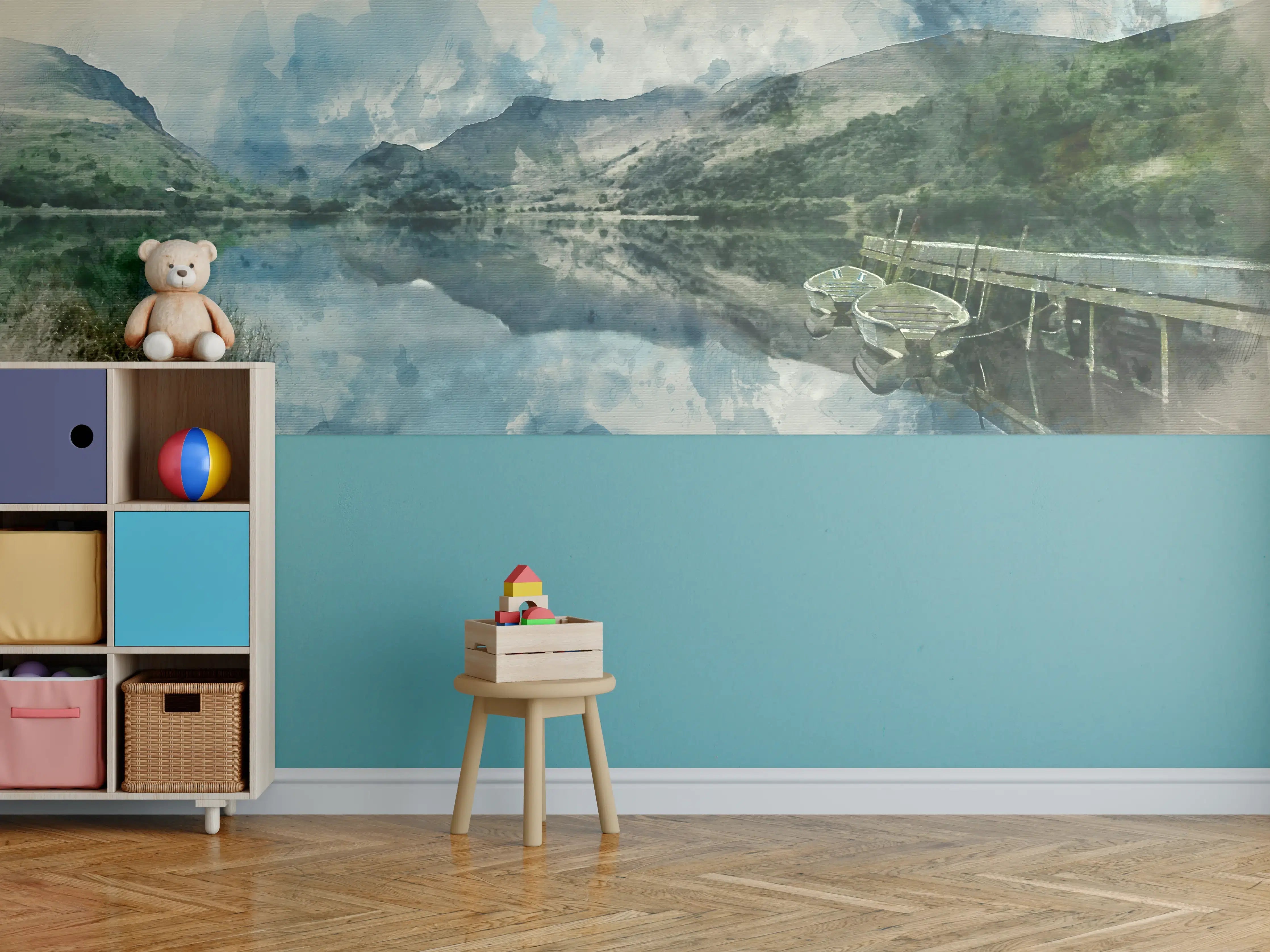 Kinderzimmer Wandgestaltung - Malerei eines ruhigen Sees mit Booten