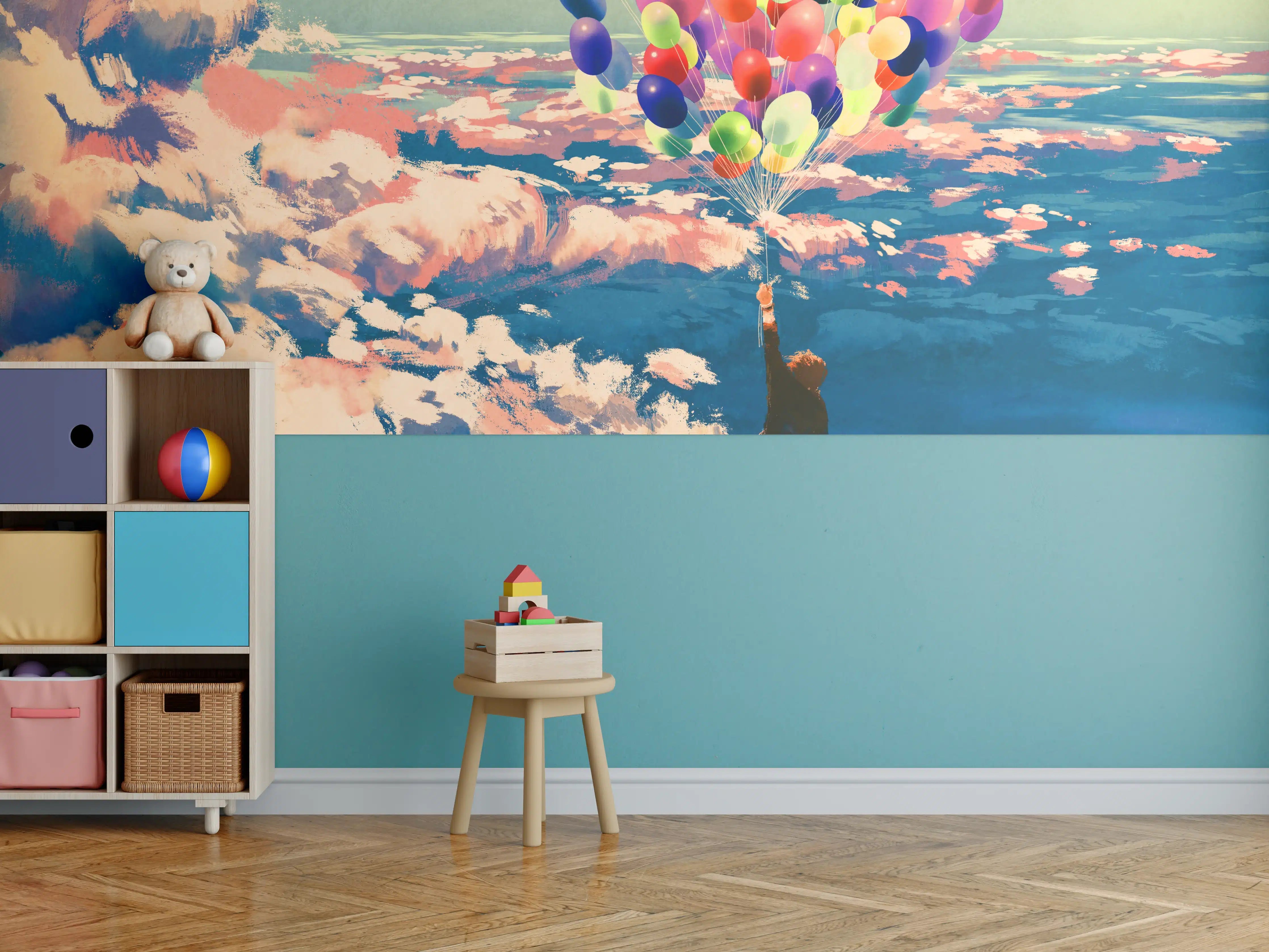 Kinderzimmer Wandgestaltung - Mann fliegt mit bunten Luftballons über Wolken