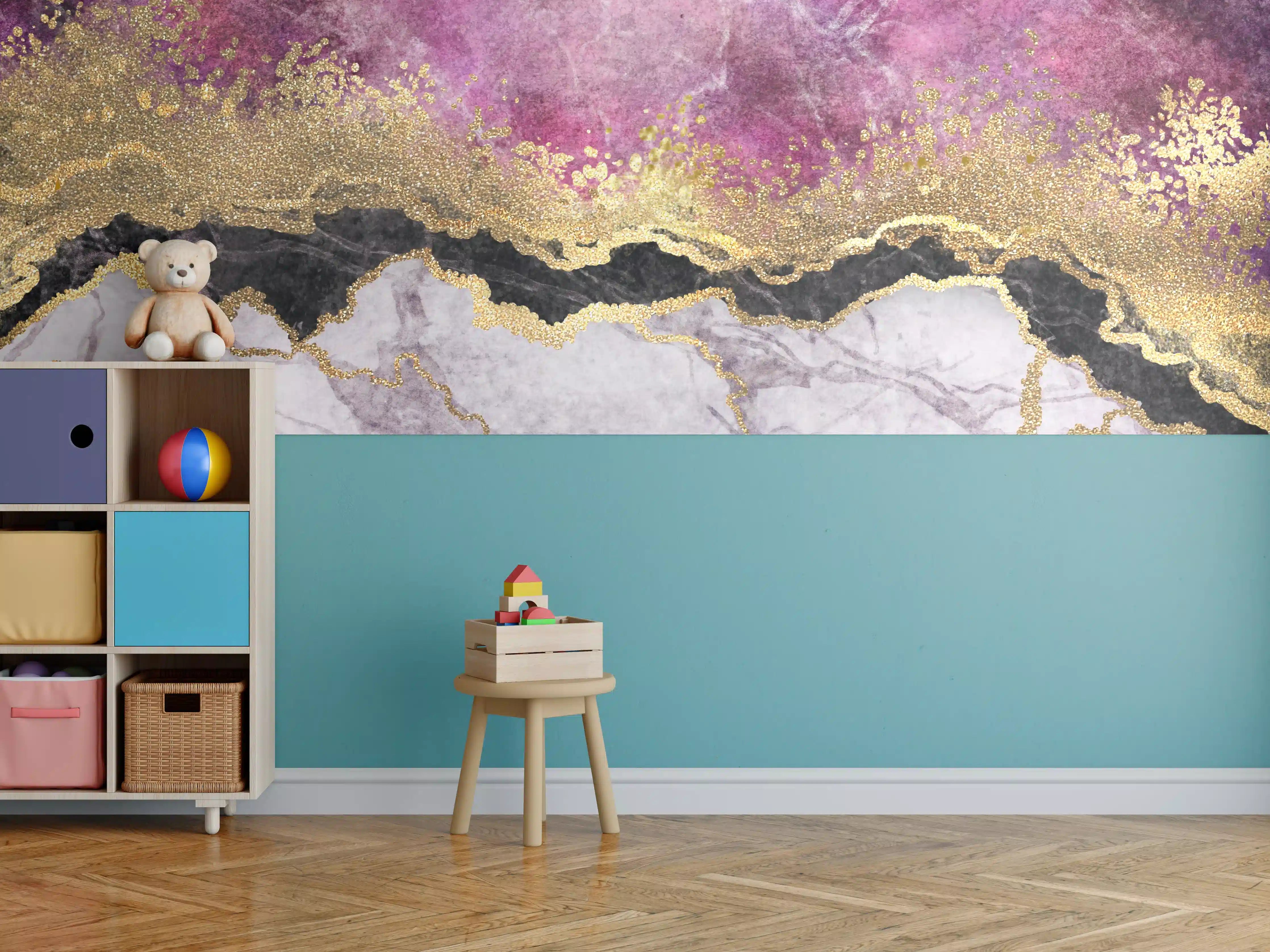 Kinderzimmer Wandgestaltung - Marble Effect mit Goldakzenten und Pinkfarben
