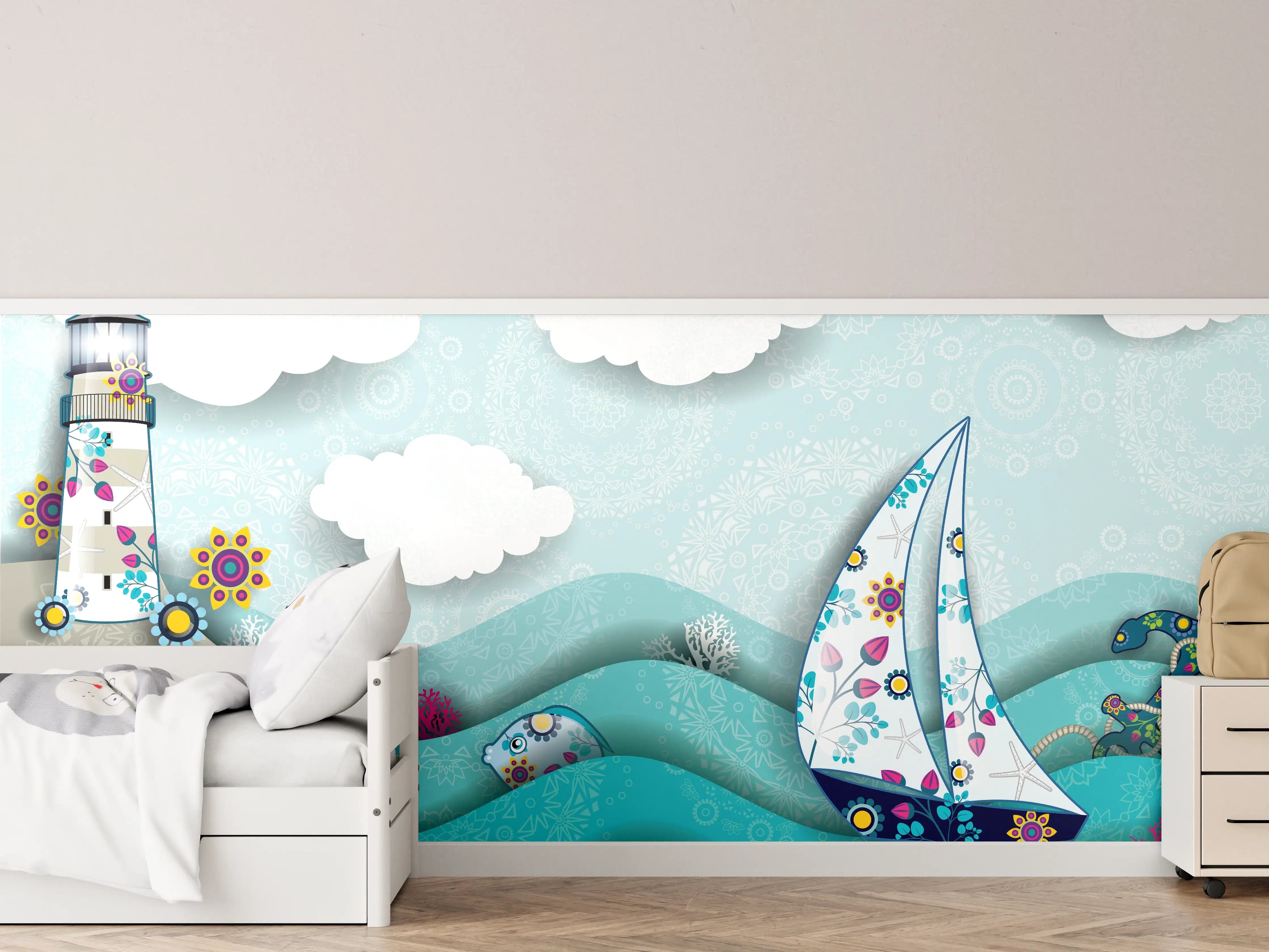 Kinderzimmer Wandgestaltung - Marines Motiv mit Leuchtturm und Boot