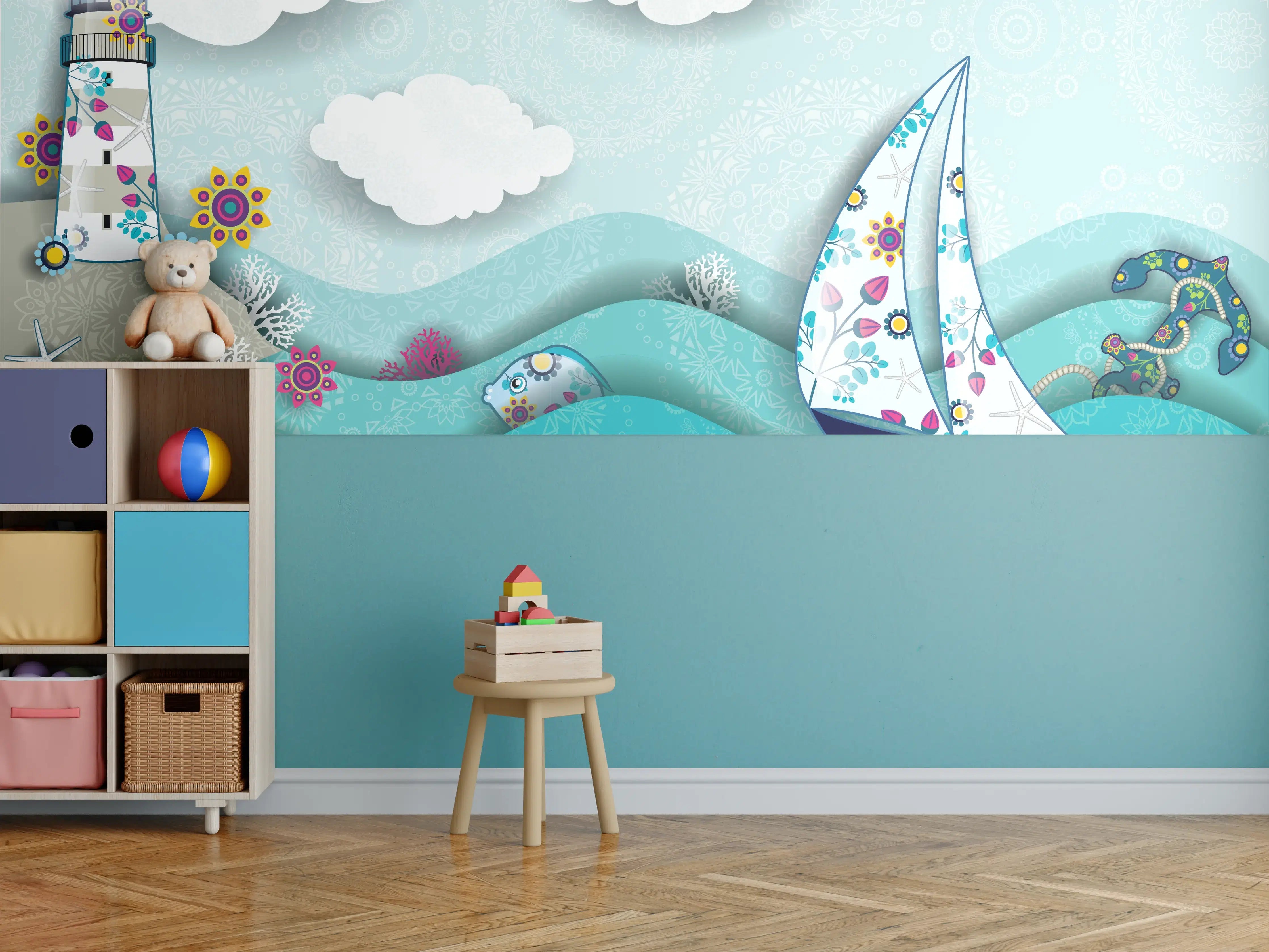 Kinderzimmer Wandgestaltung - Marines Motiv mit Leuchtturm und Boot