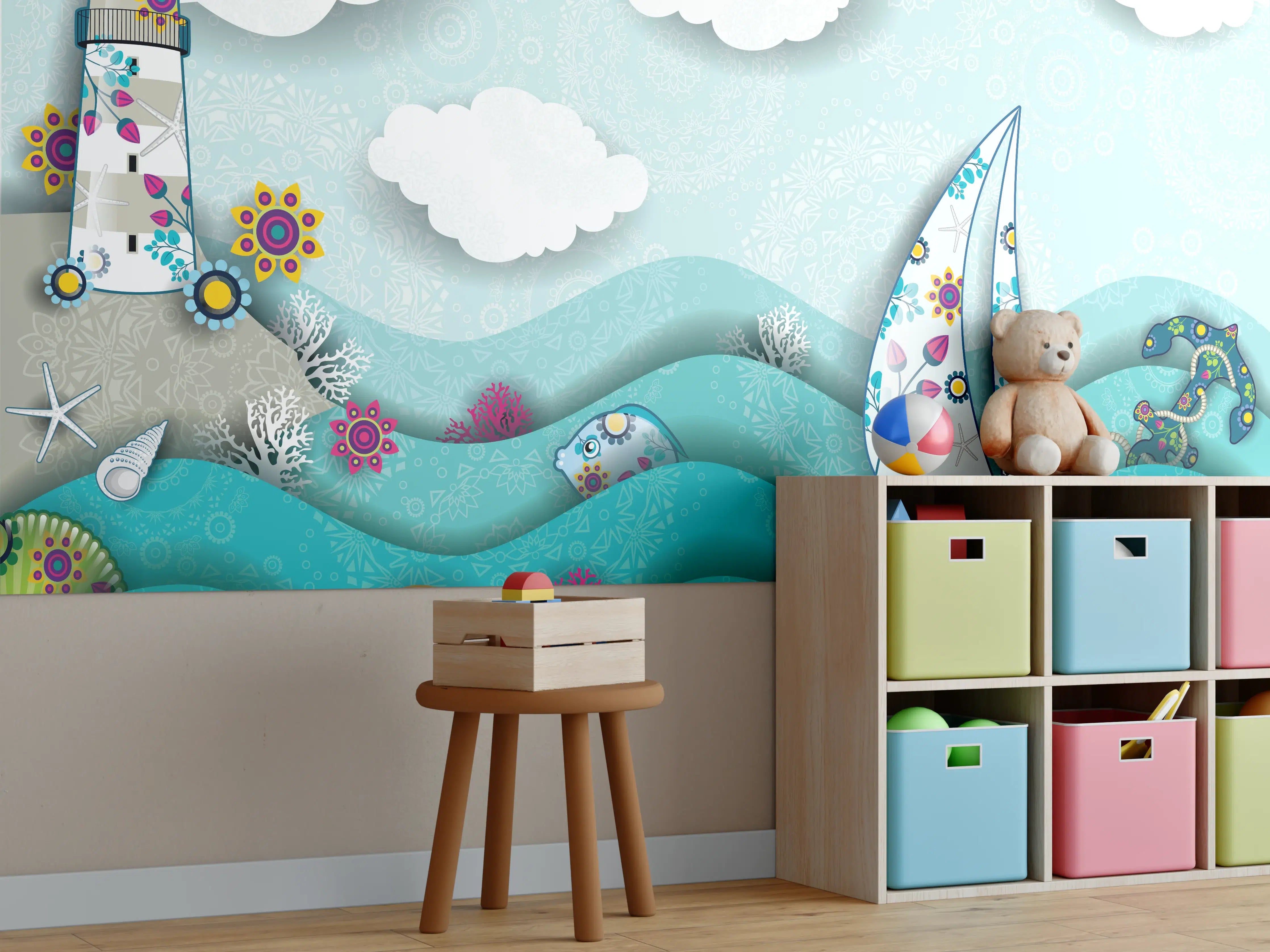 Kinderzimmer Wandgestaltung - Marines Motiv mit Leuchtturm und Boot