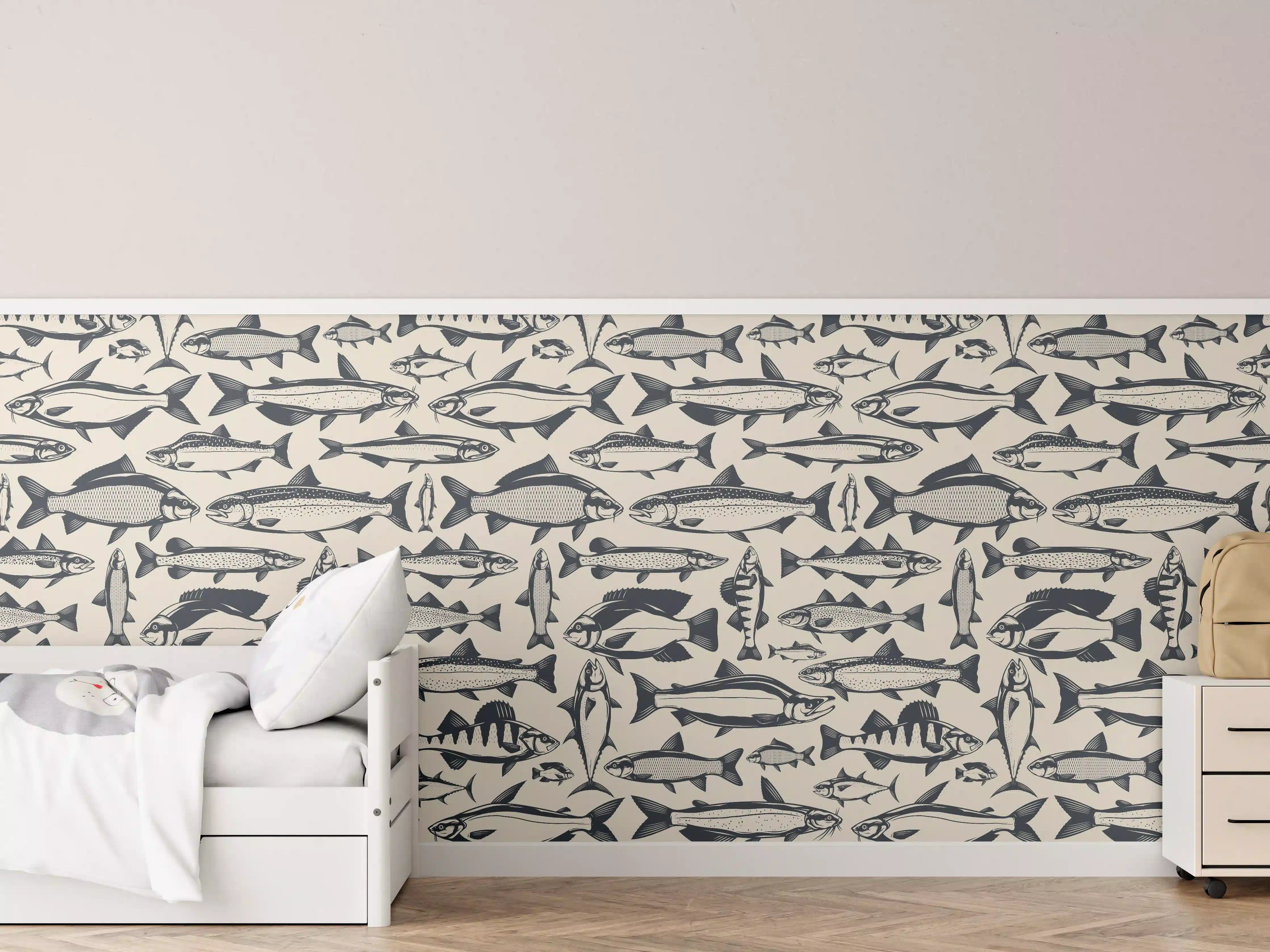 Kinderzimmer Wandgestaltung - Maritimes Fischmuster Beige-Blau