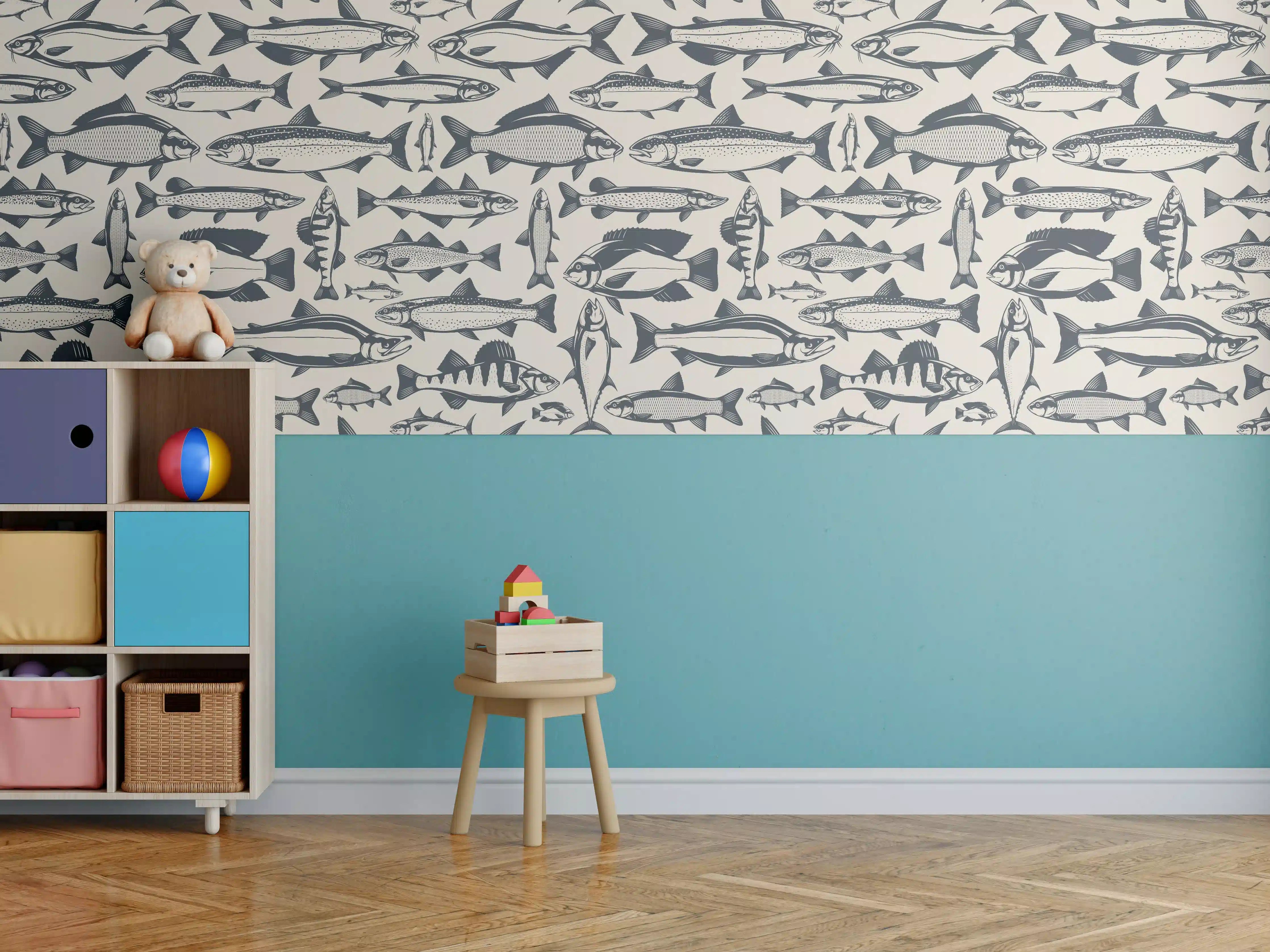 Kinderzimmer Wandgestaltung - Maritimes Fischmuster Beige-Blau