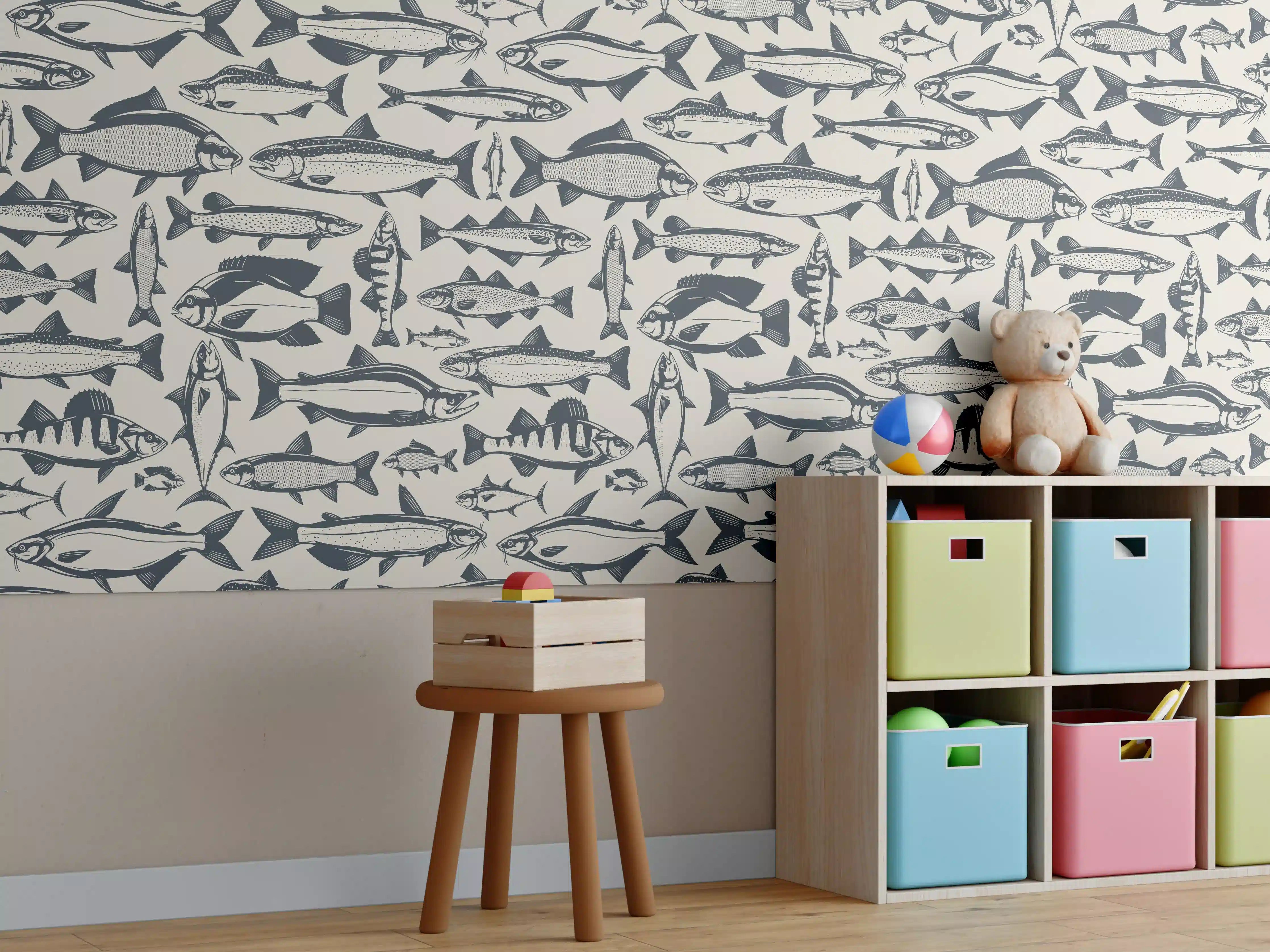 Kinderzimmer Wandgestaltung - Maritimes Fischmuster Beige-Blau