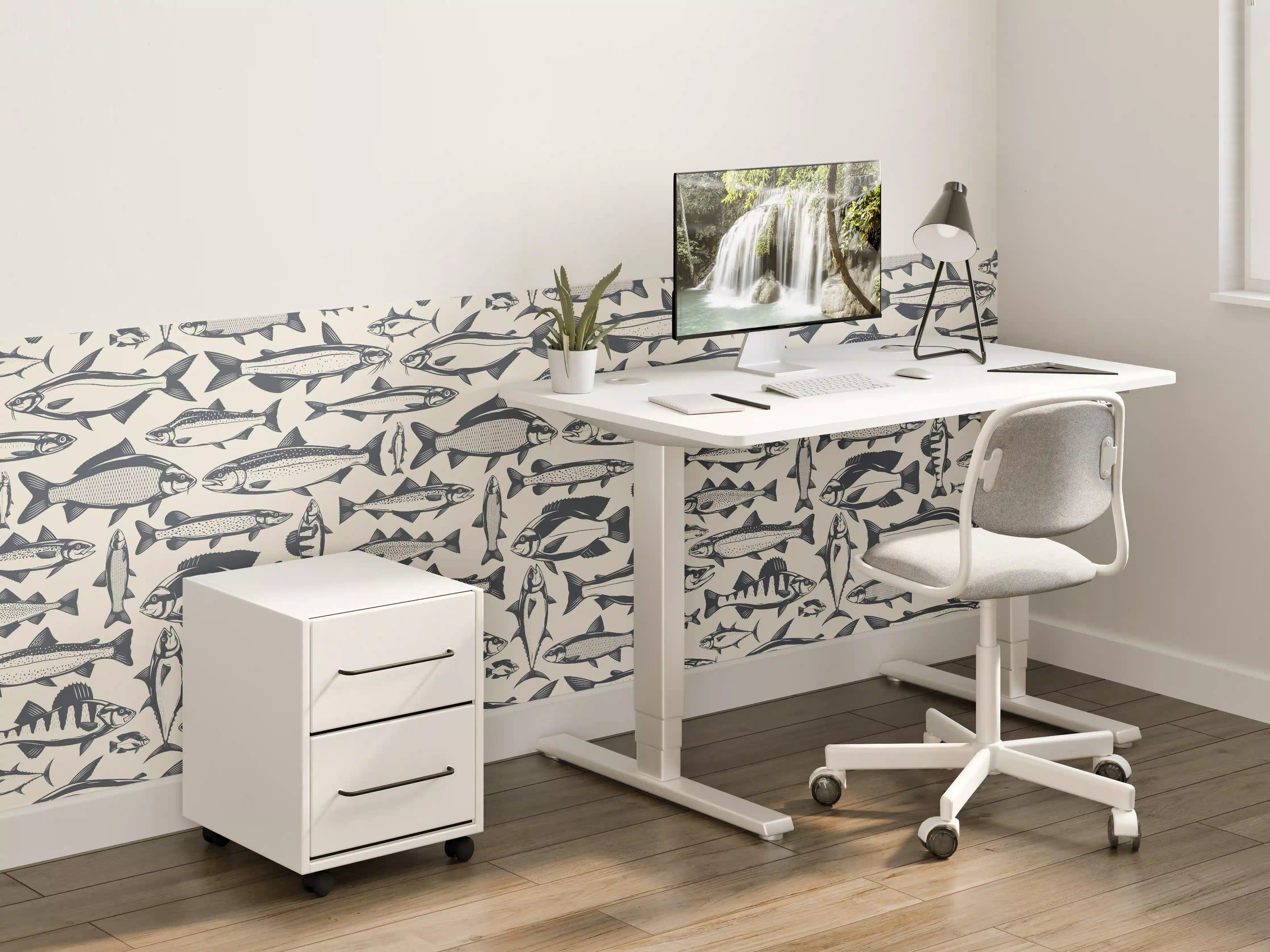 Kinderzimmer Wandgestaltung - Maritimes Fischmuster Beige-Blau