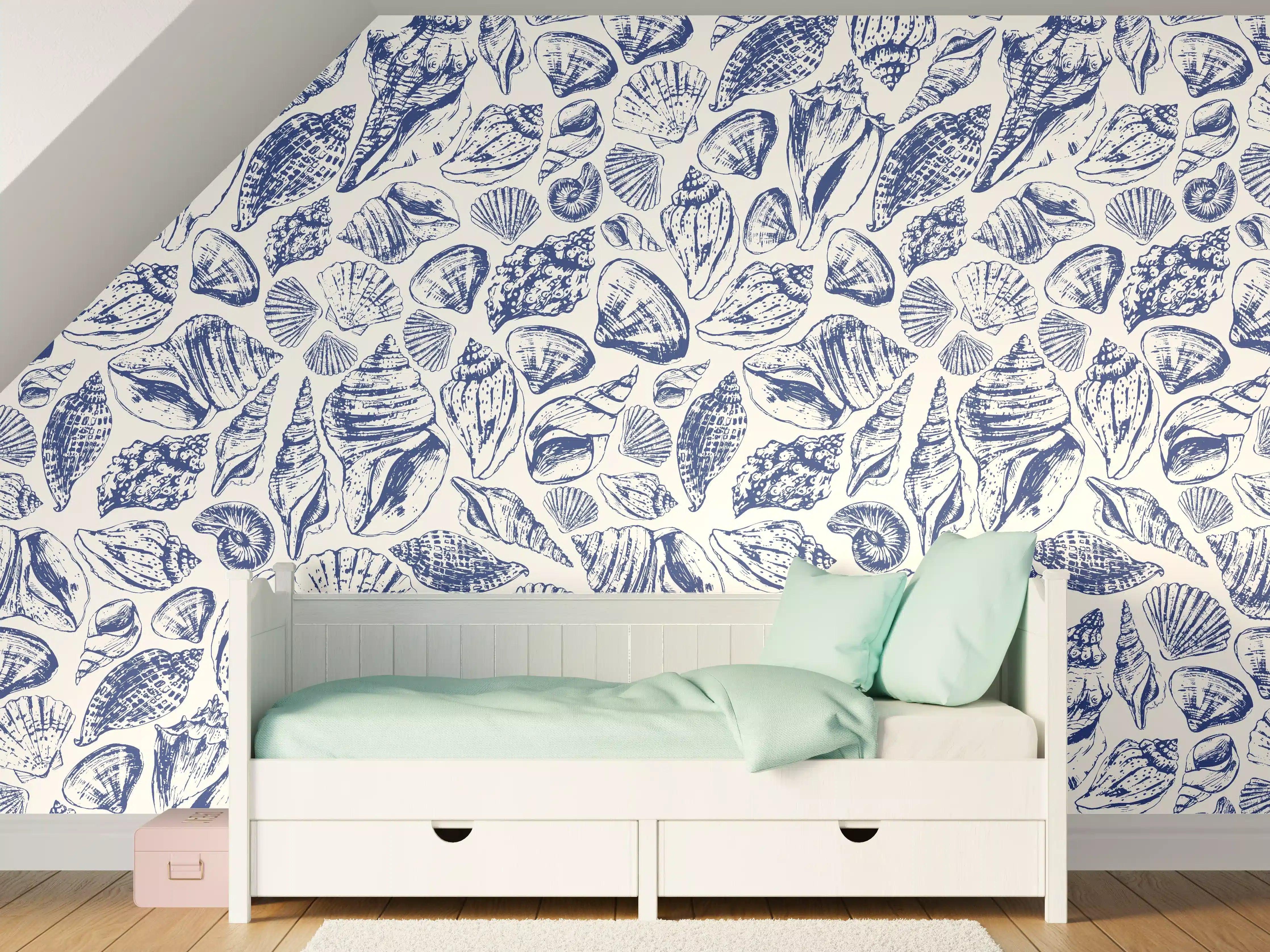 Kinderzimmer Wandgestaltung - Maritimes Muschelmuster Blau-Weiß