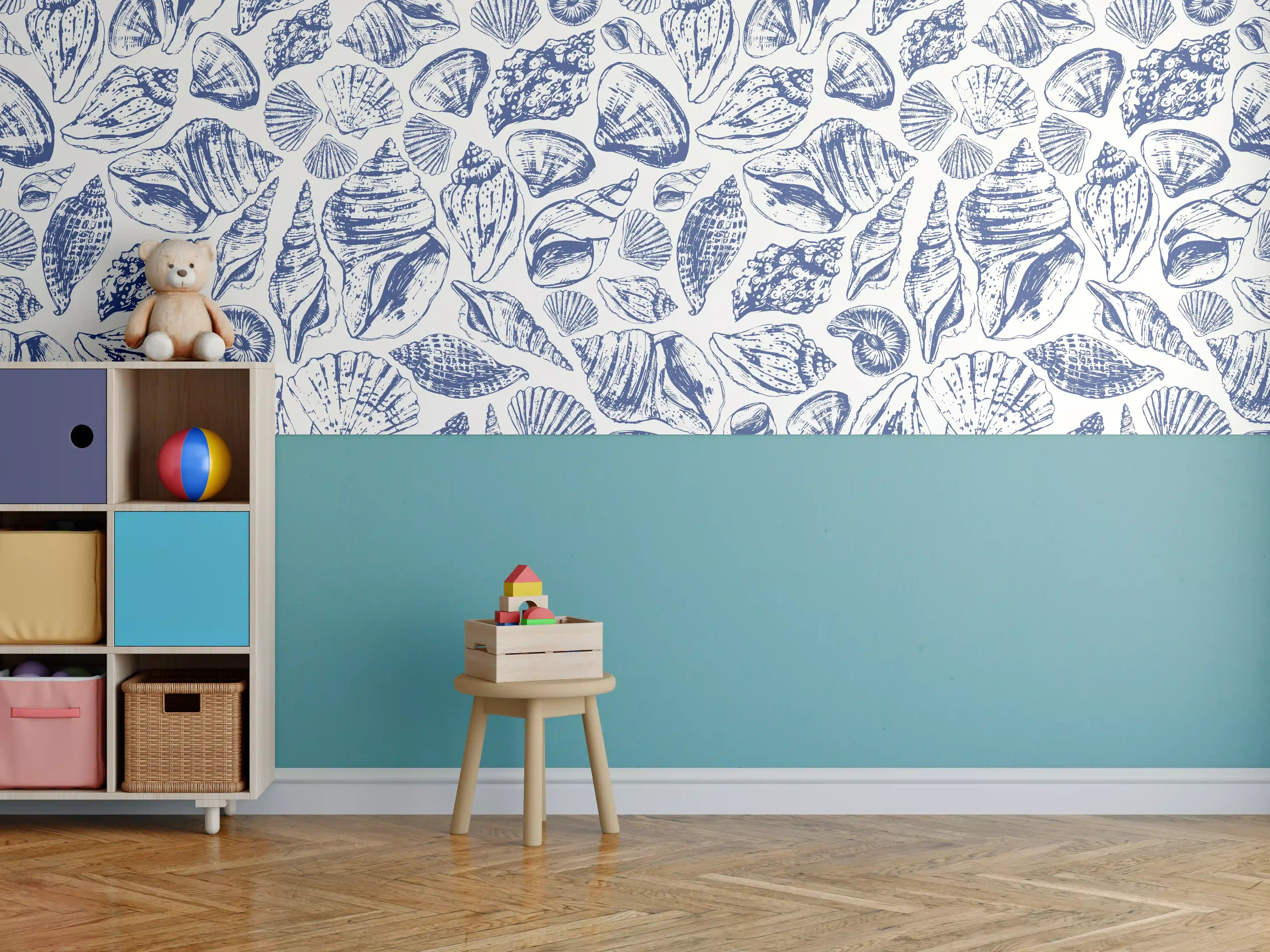 Kinderzimmer Wandgestaltung - Maritimes Muschelmuster Blau-Weiß