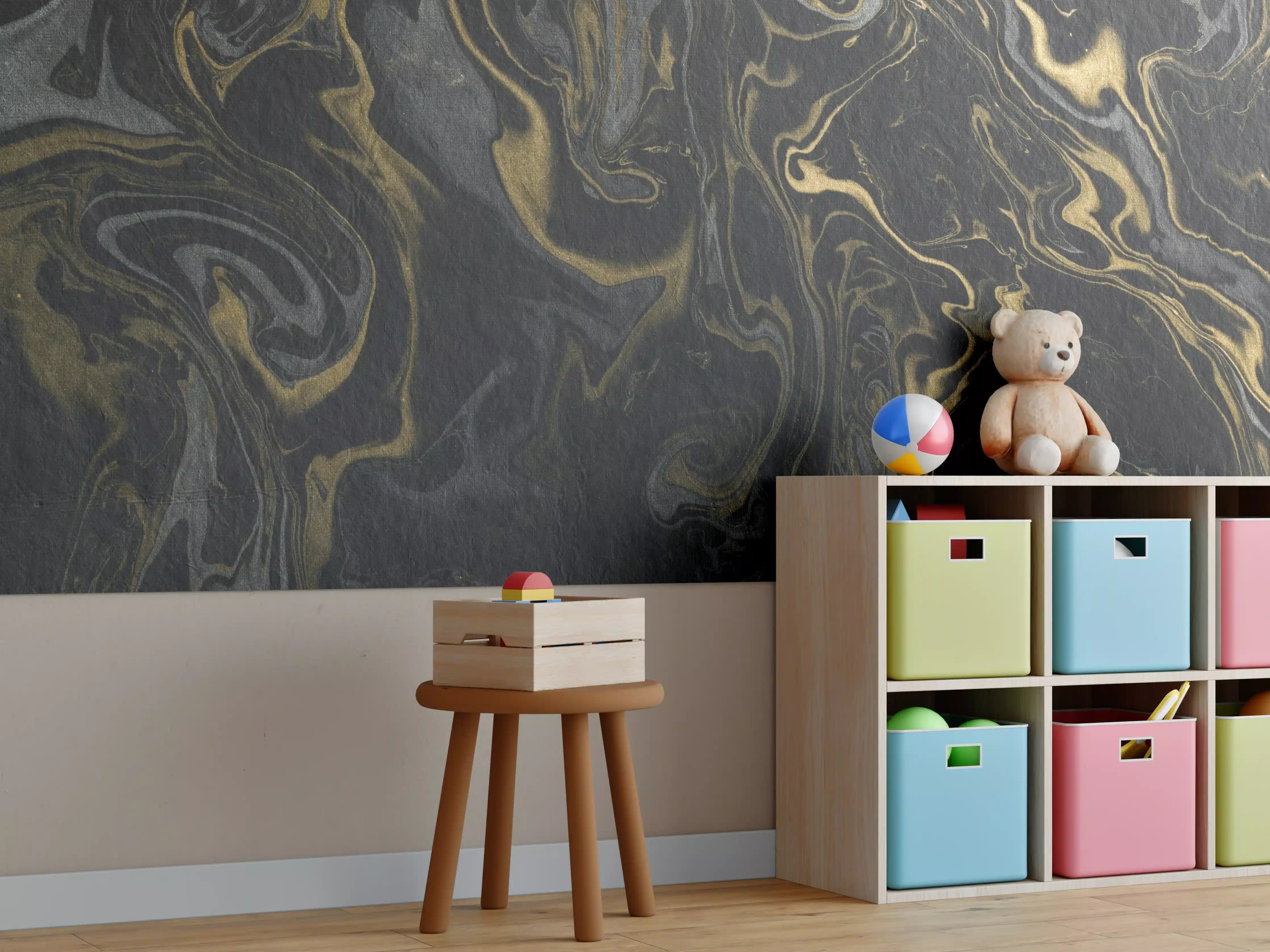 Kinderzimmer Wandgestaltung - Marmor mit antikem goldenen und weißen Muster