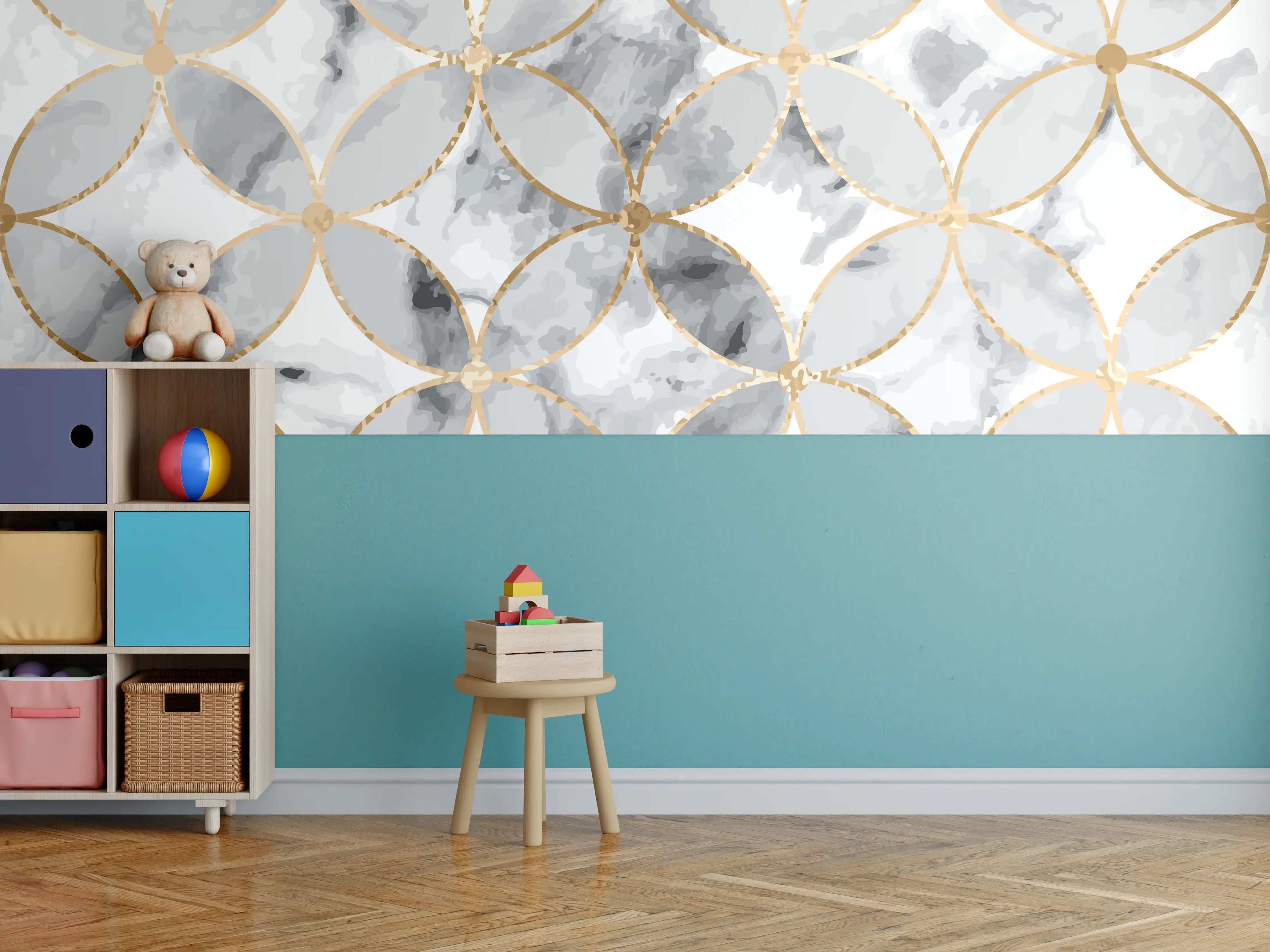 Kinderzimmer Wandgestaltung - Marmoroptik Gold Grau Weiß