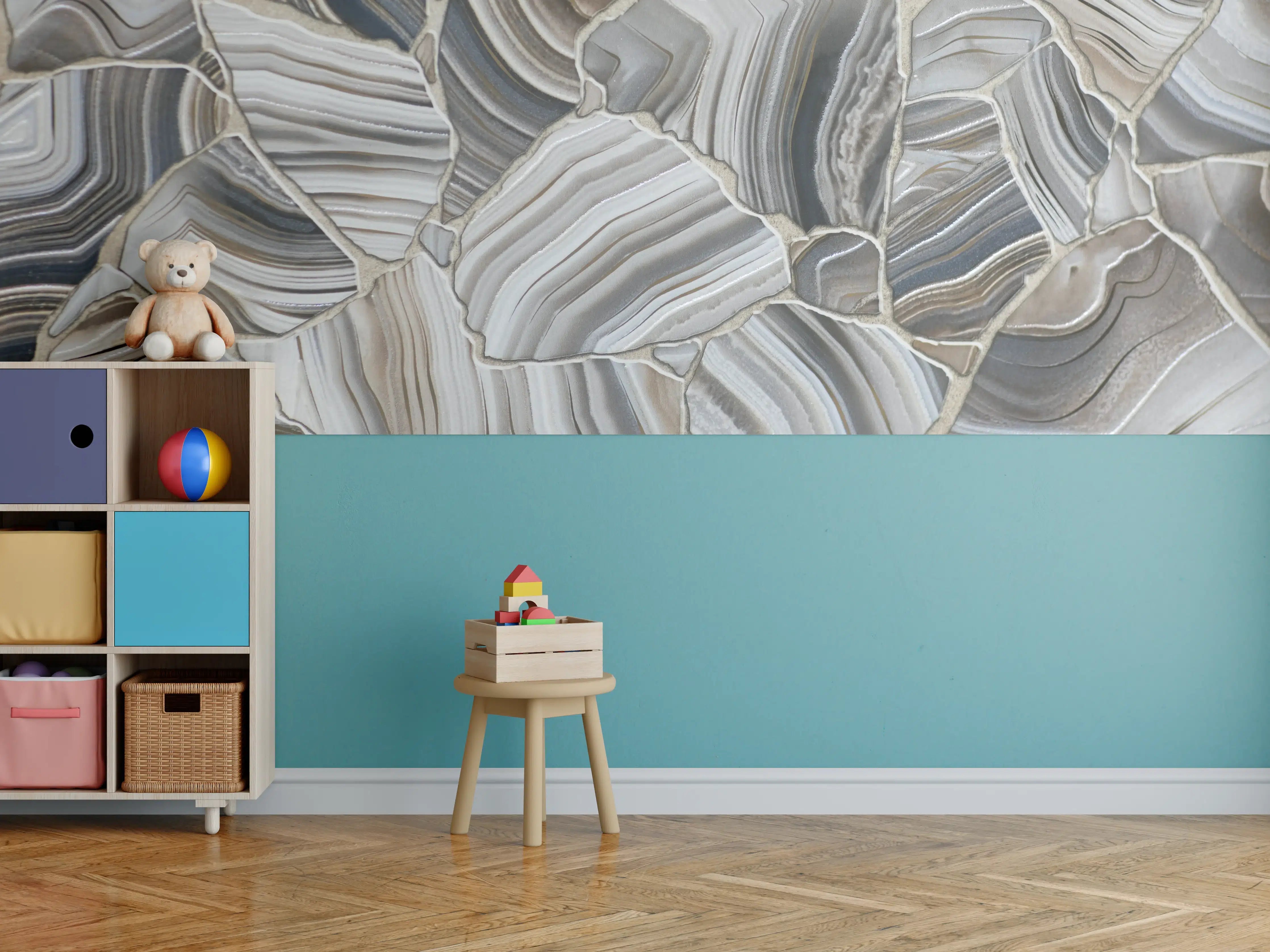 Kinderzimmer Wandgestaltung - Marmorstruktur in natürlichen Beige- und Grautönen