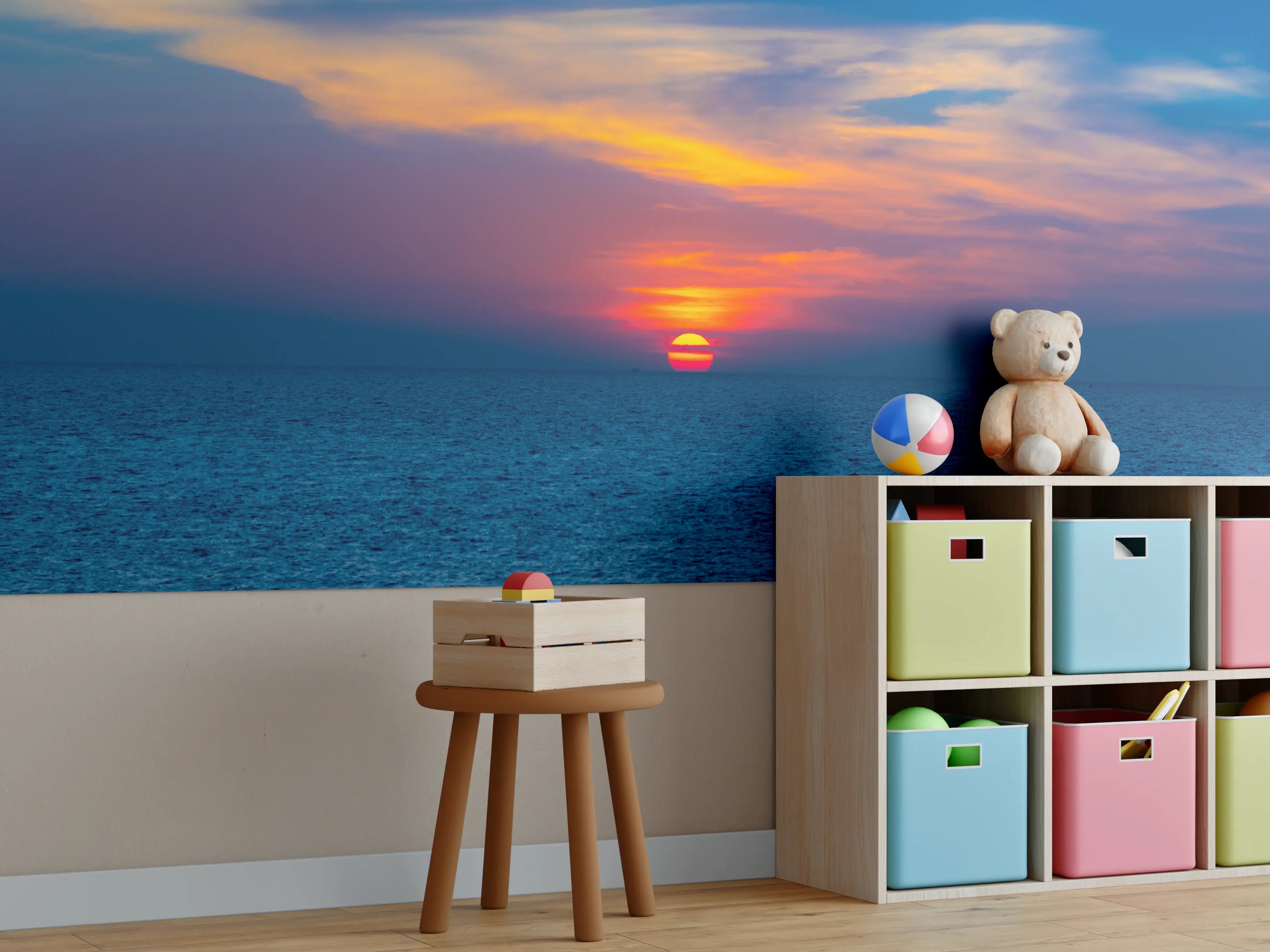 Kinderzimmer Wandgestaltung - Meer-Sonnenuntergang Blau-Orange