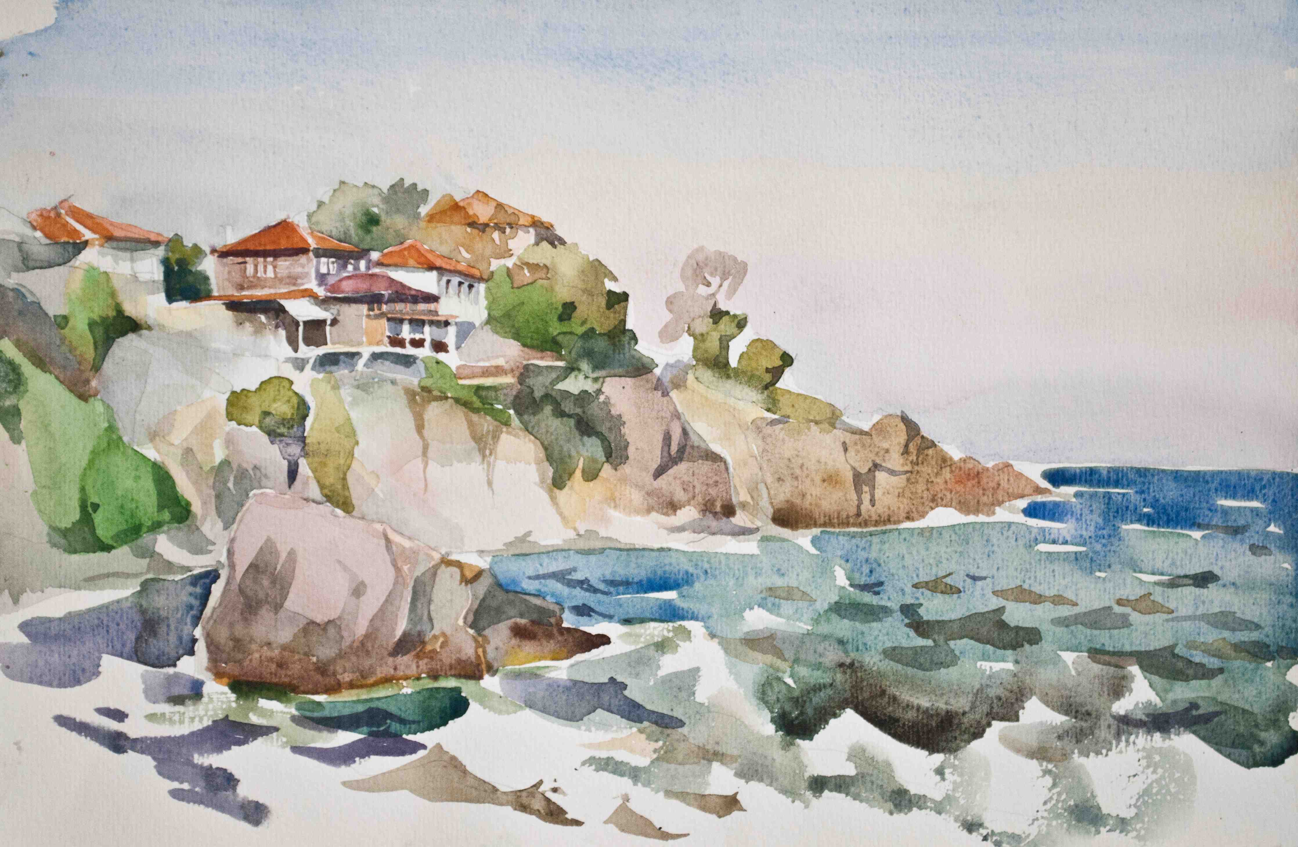 Kinderzimmer Wandgestaltung-Meeresblick mit Küstenhäusern in Aquarelltechnik