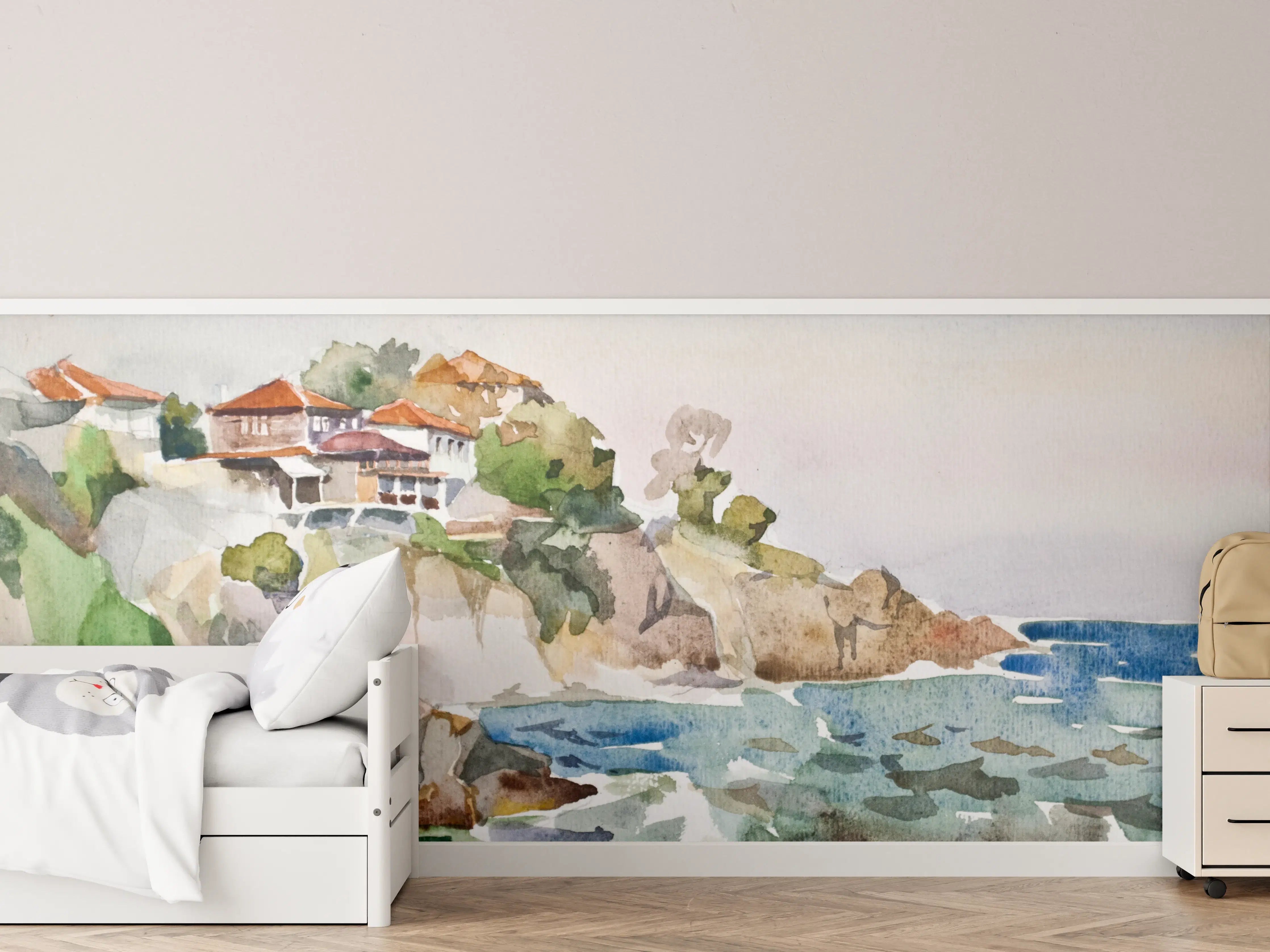 Kinderzimmer Wandgestaltung - Meeresblick mit Küstenhäusern in Aquarelltechnik