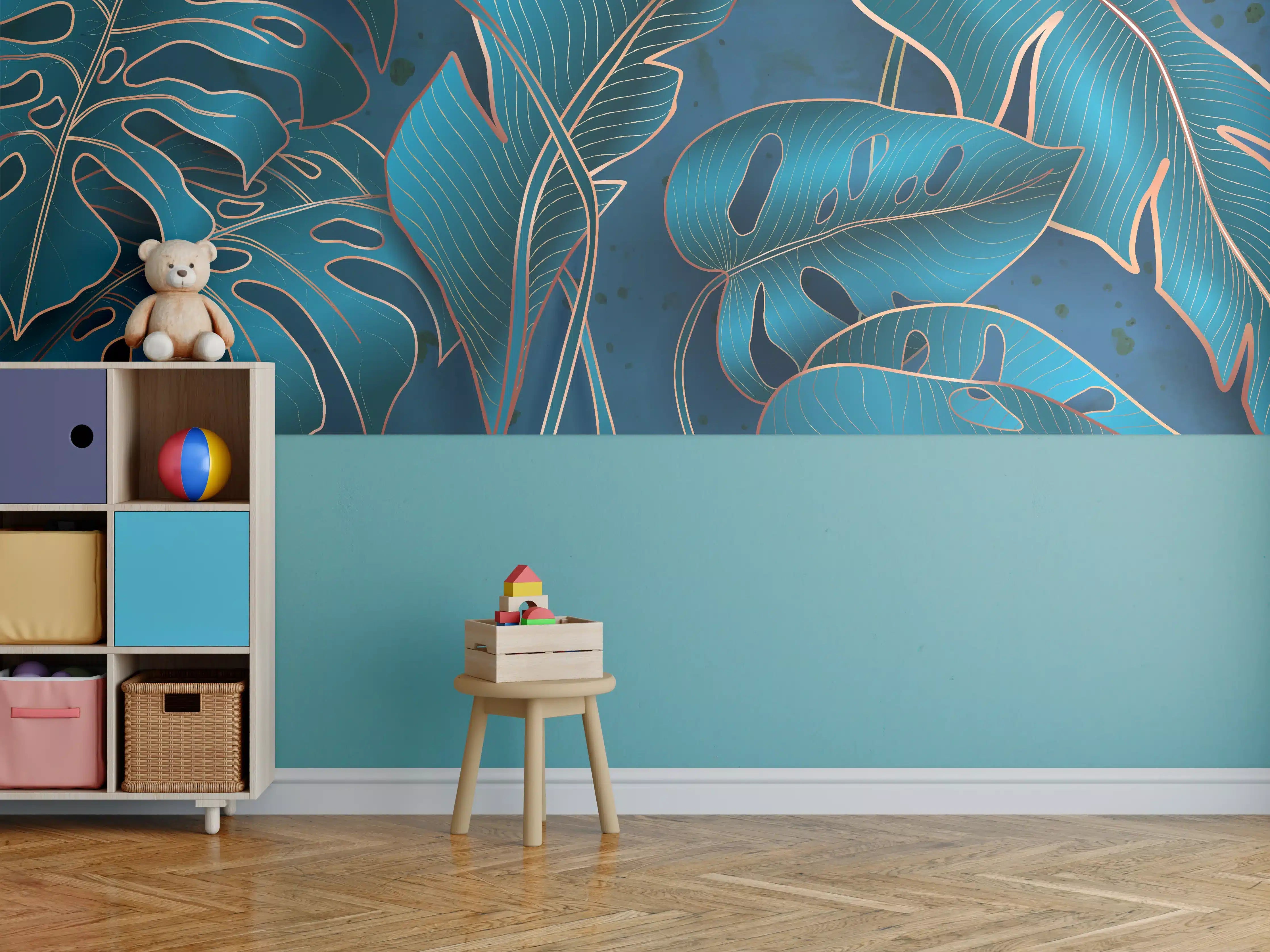 Kinderzimmer Wandgestaltung - Metallisch-blaues Pflanzenmuster
