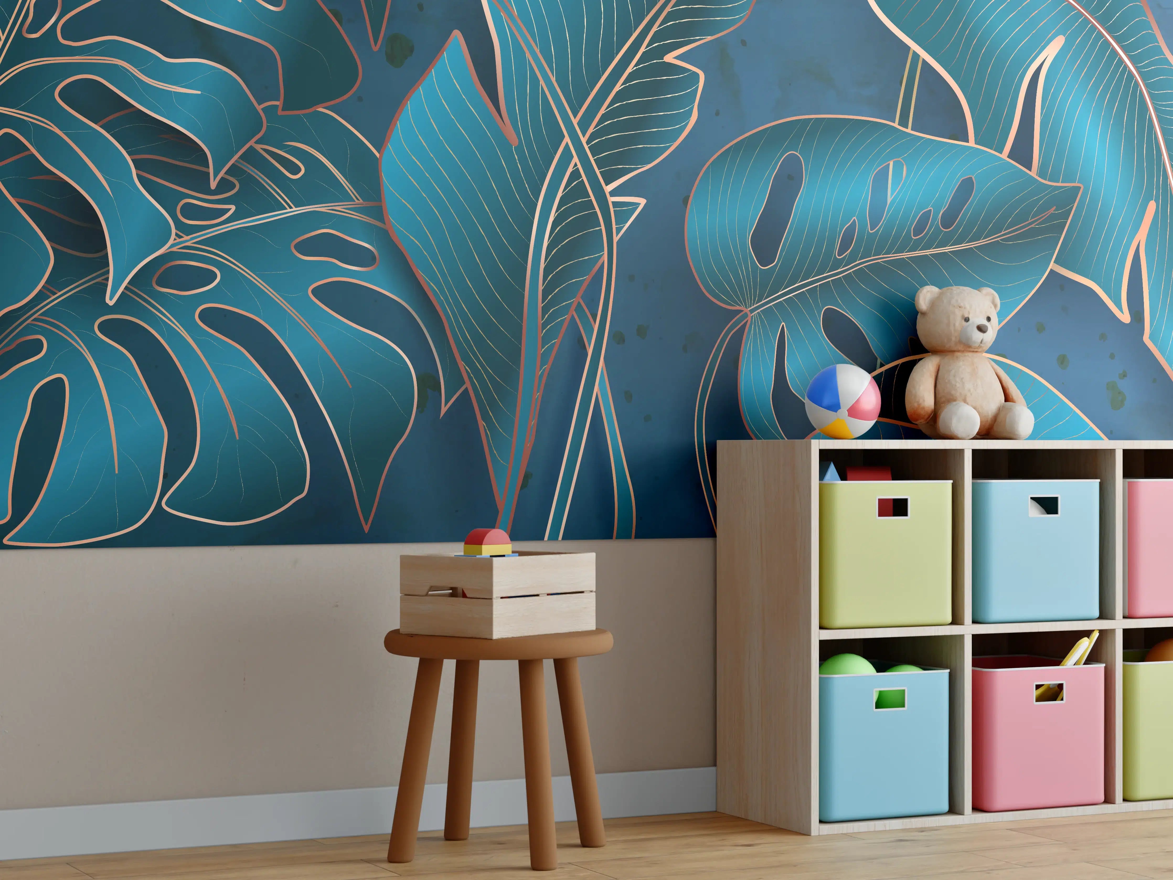 Kinderzimmer Wandgestaltung - Metallisch-blaues Pflanzenmuster