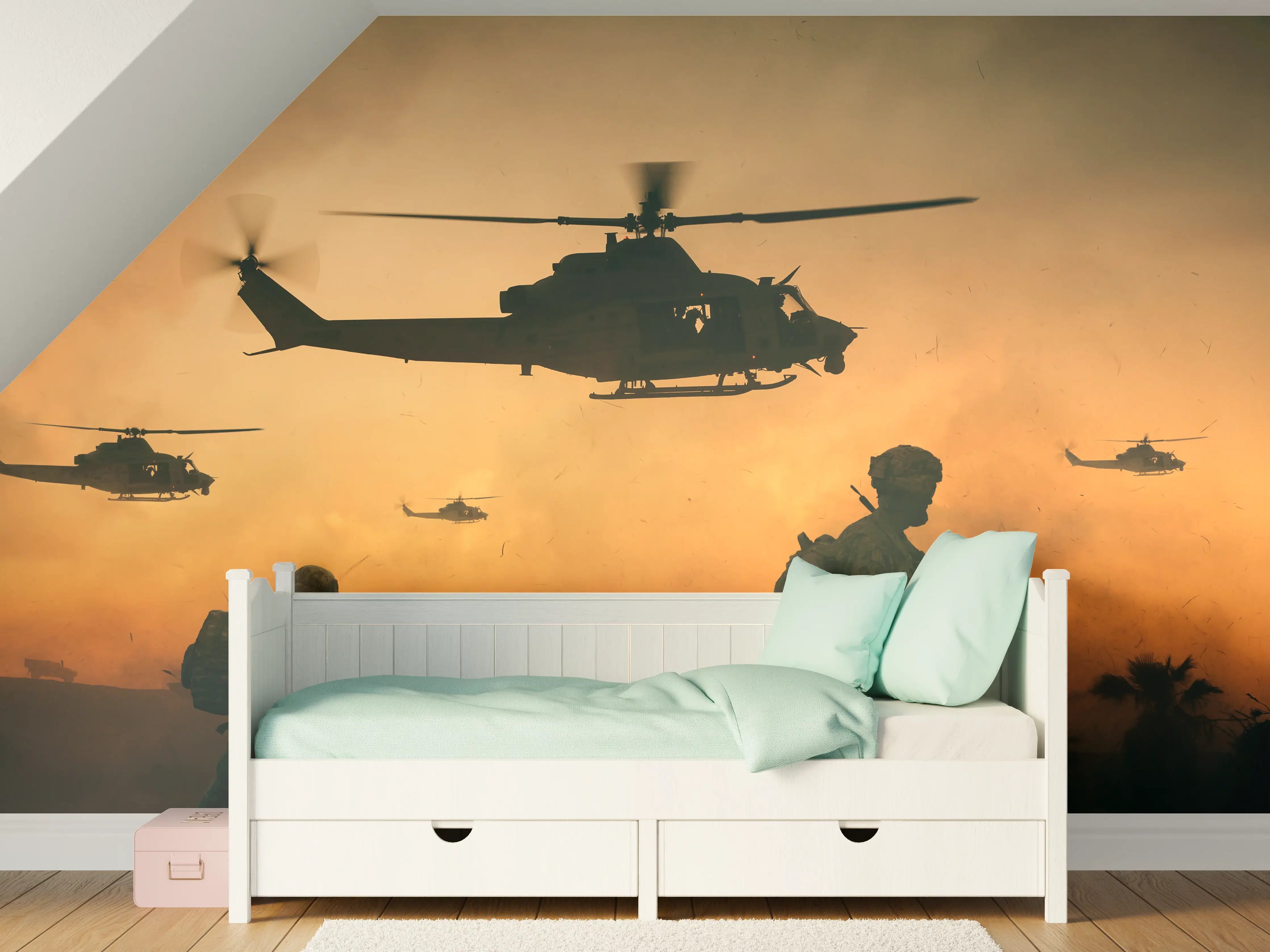 Kinderzimmer Wandgestaltung - Militär und Hubschrauber auf dem Weg zum Schlachtfeld
