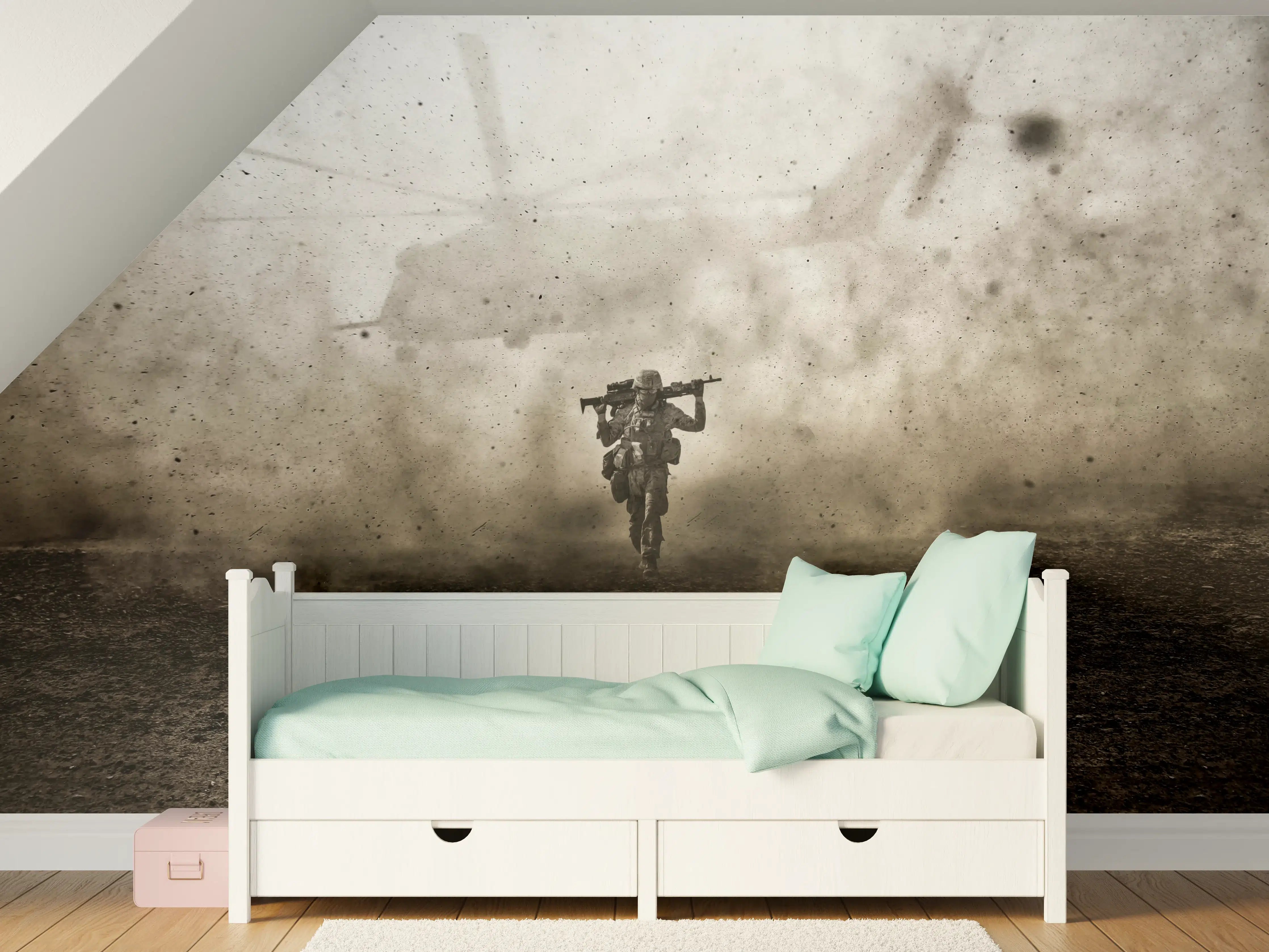 Kinderzimmer Wandgestaltung - Militärsoldat und Hubschrauber zwischen Sturm und Staub