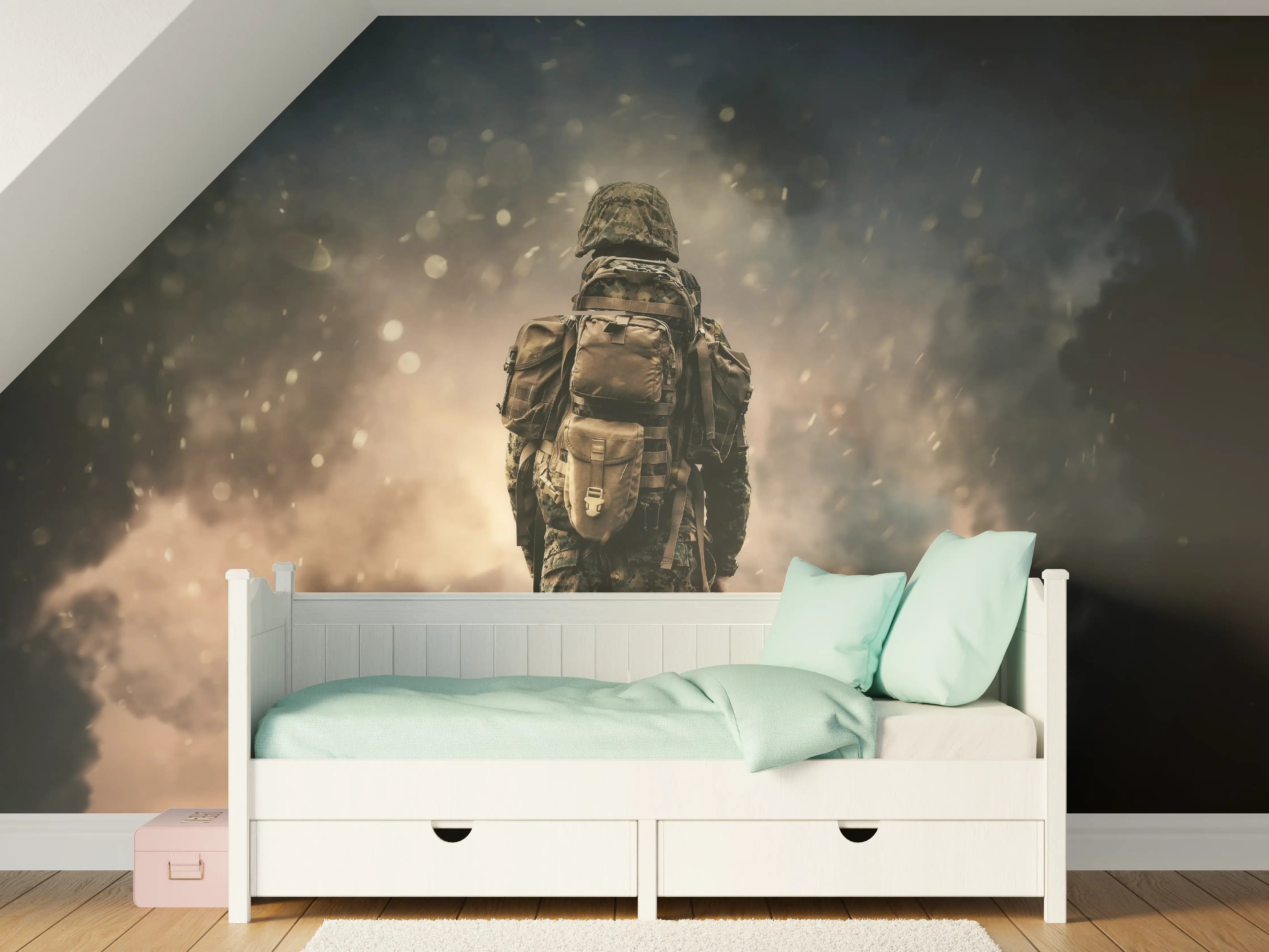 Kinderzimmer Wandgestaltung - Militärsoldat zwischen Rauch und Staub