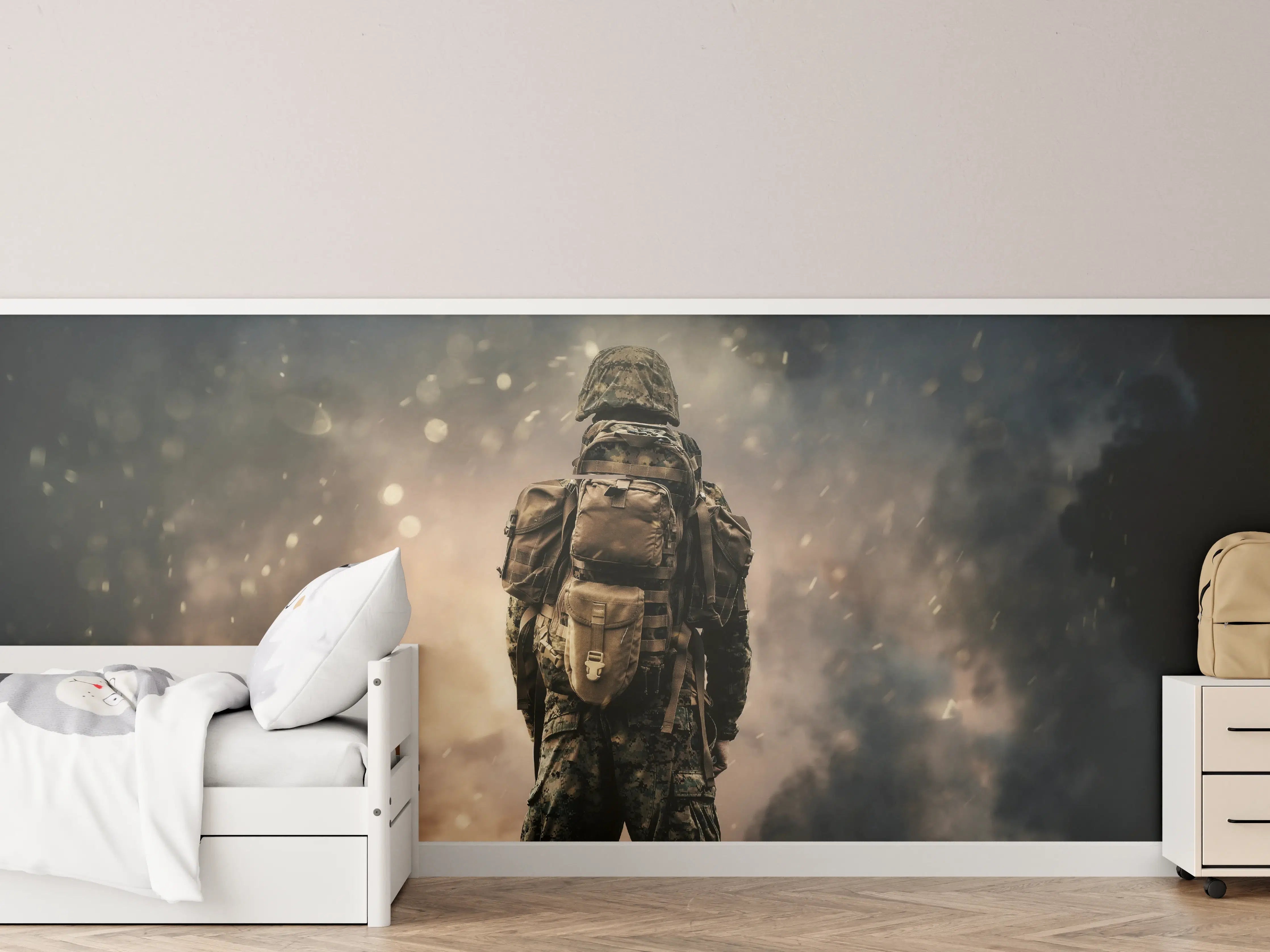 Kinderzimmer Wandgestaltung - Militärsoldat zwischen Rauch und Staub