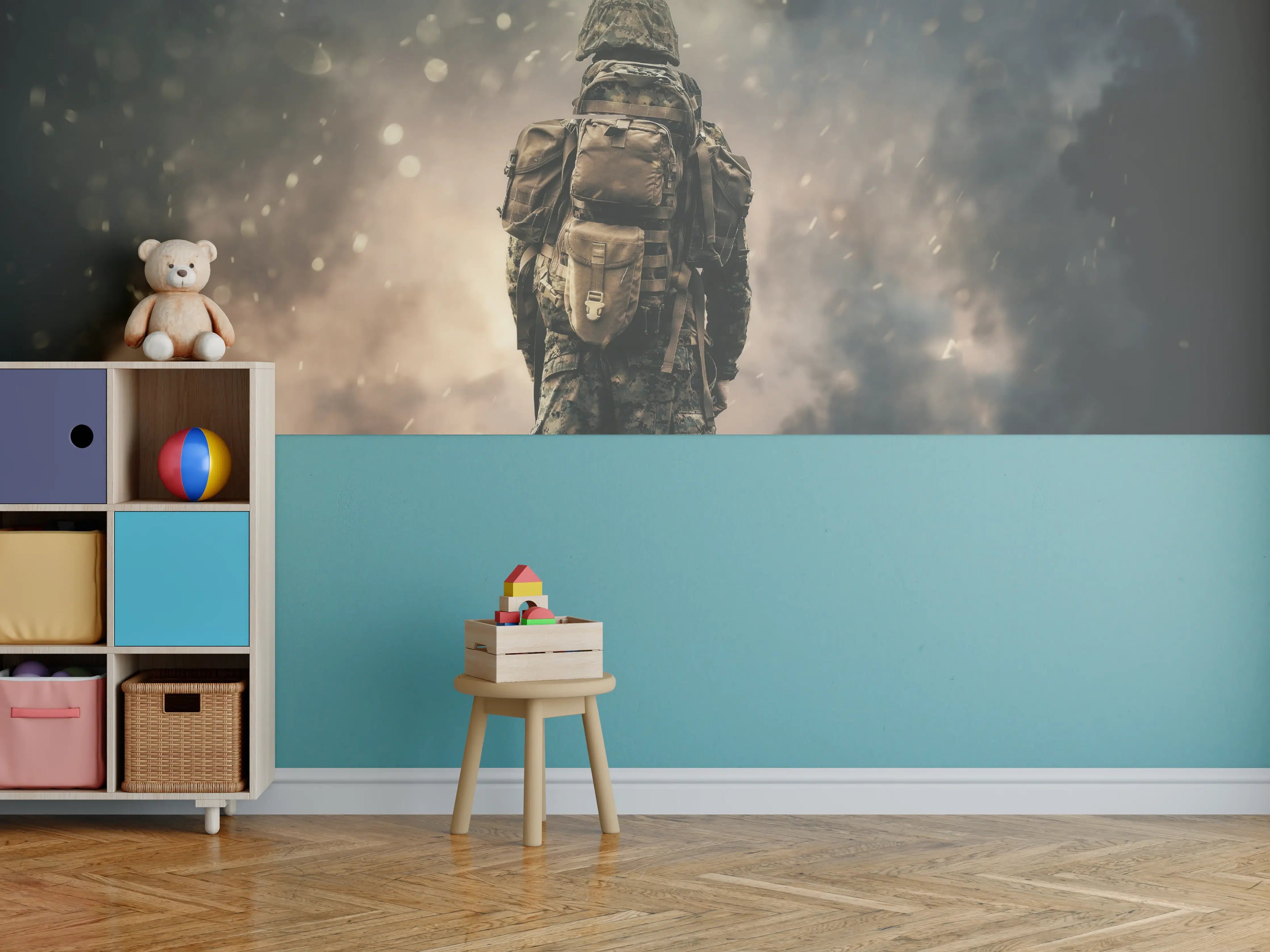Kinderzimmer Wandgestaltung - Militärsoldat zwischen Rauch und Staub