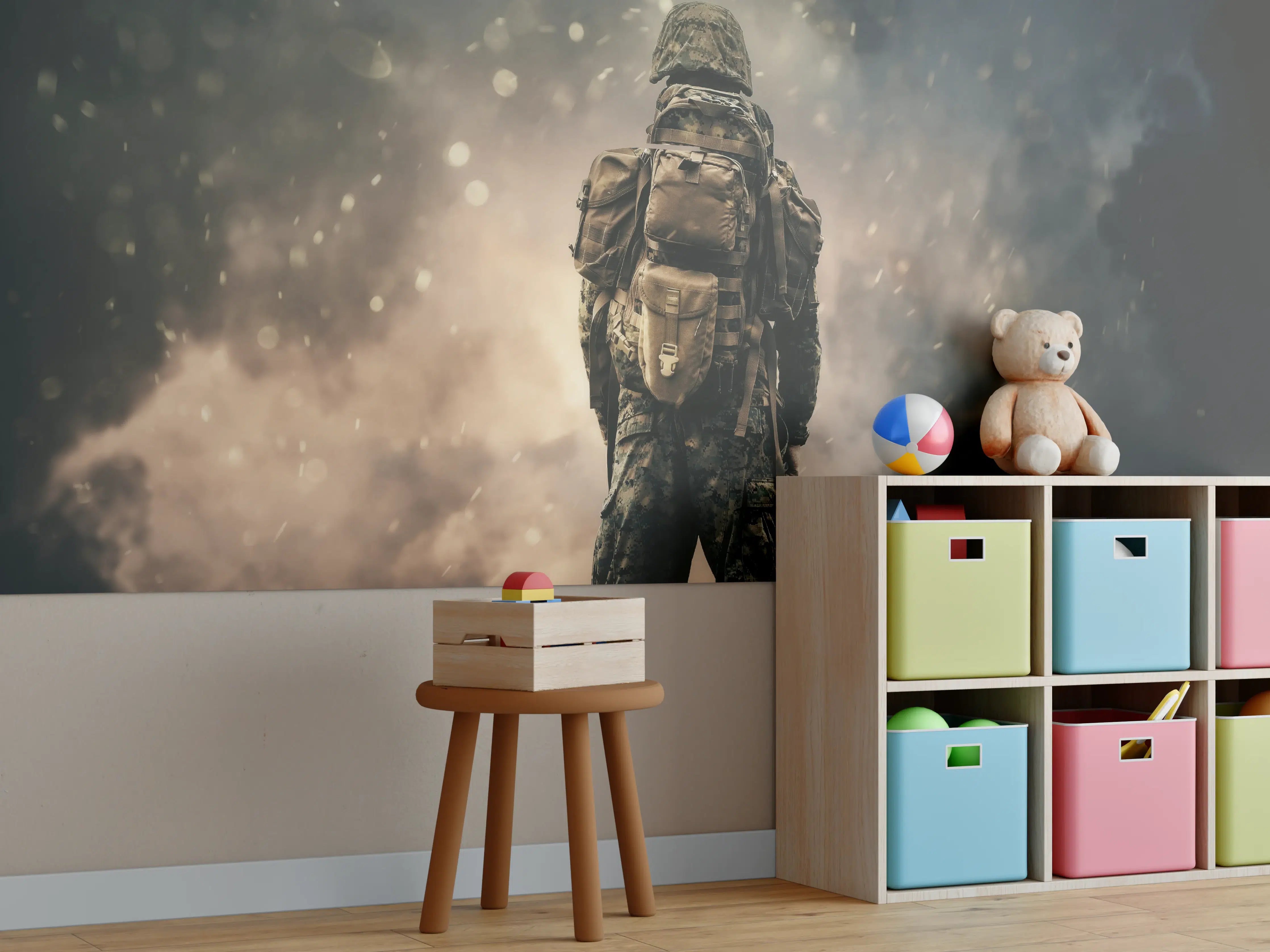 Kinderzimmer Wandgestaltung - Militärsoldat zwischen Rauch und Staub