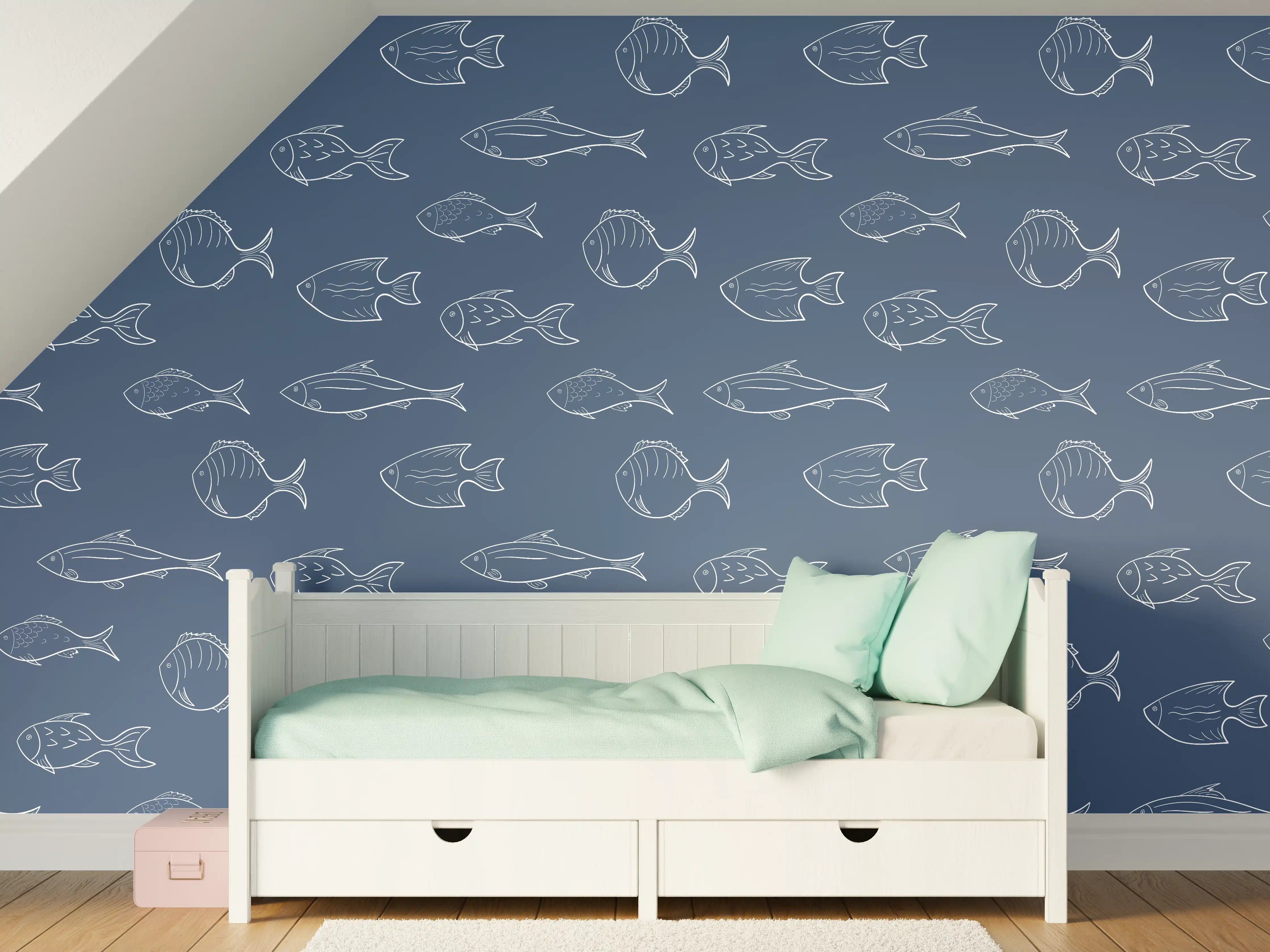 Kinderzimmer Wandgestaltung - Minimal Fischmuster Blau