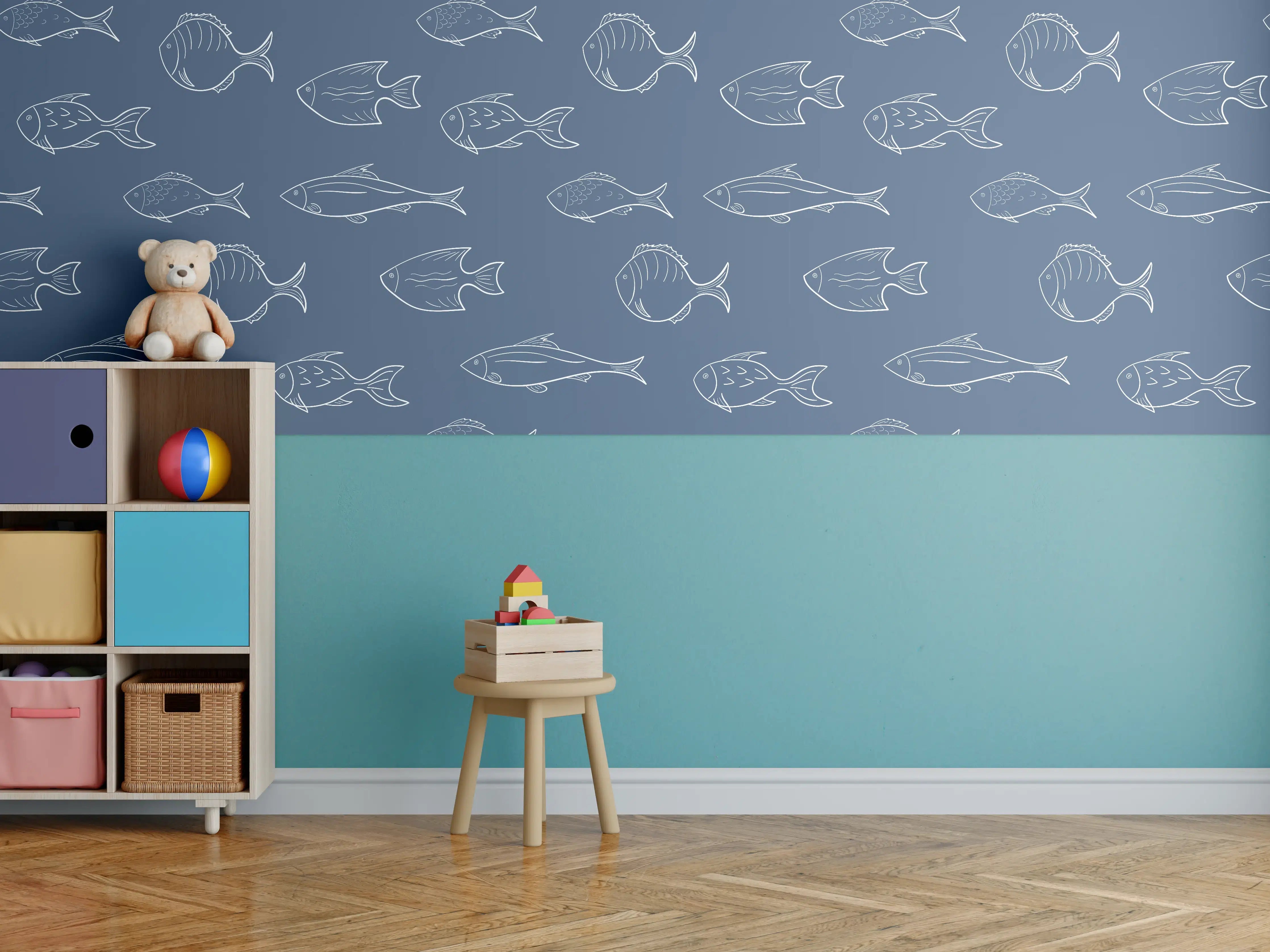 Kinderzimmer Wandgestaltung - Minimal Fischmuster Blau
