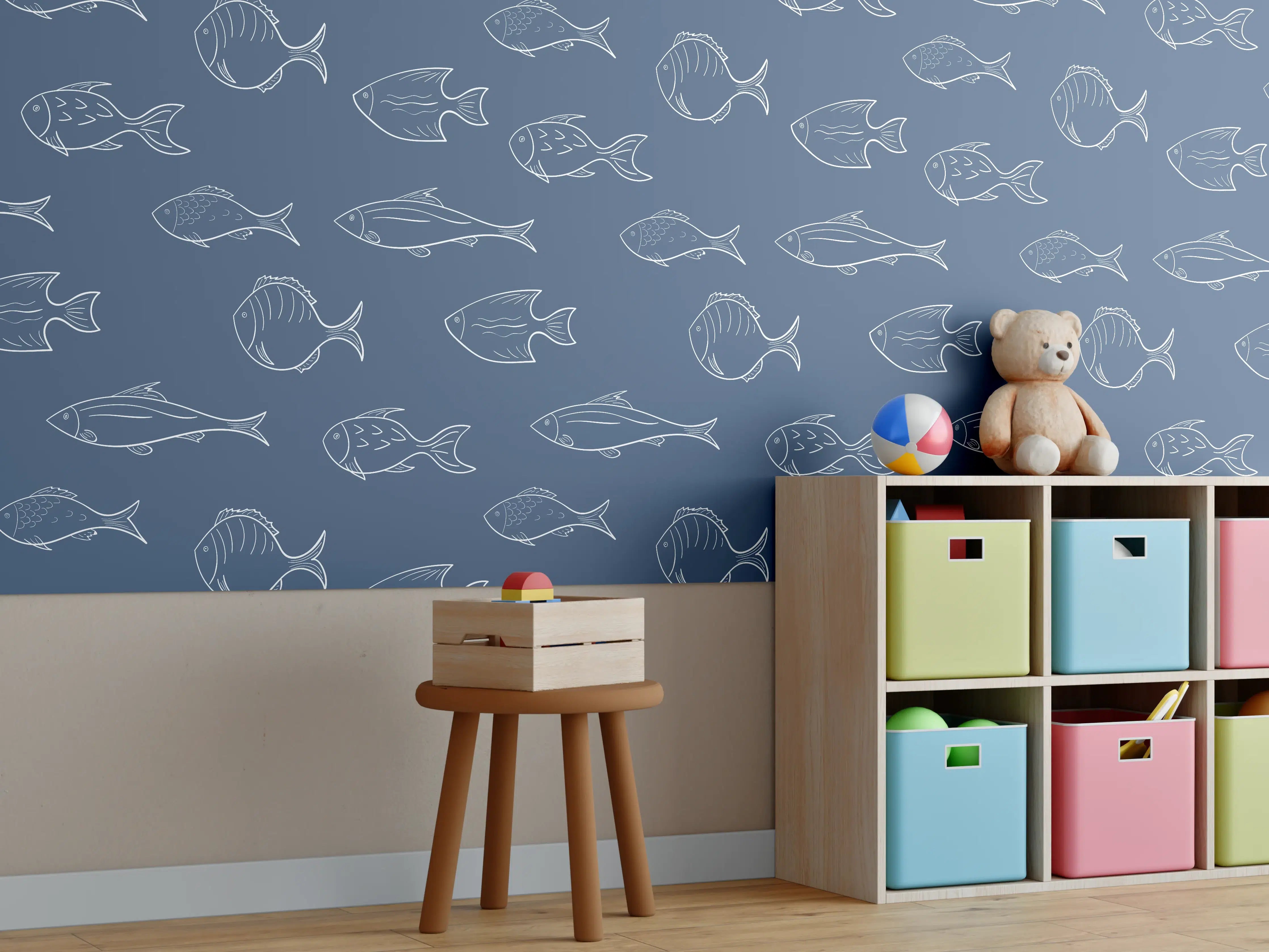 Kinderzimmer Wandgestaltung - Minimal Fischmuster Blau