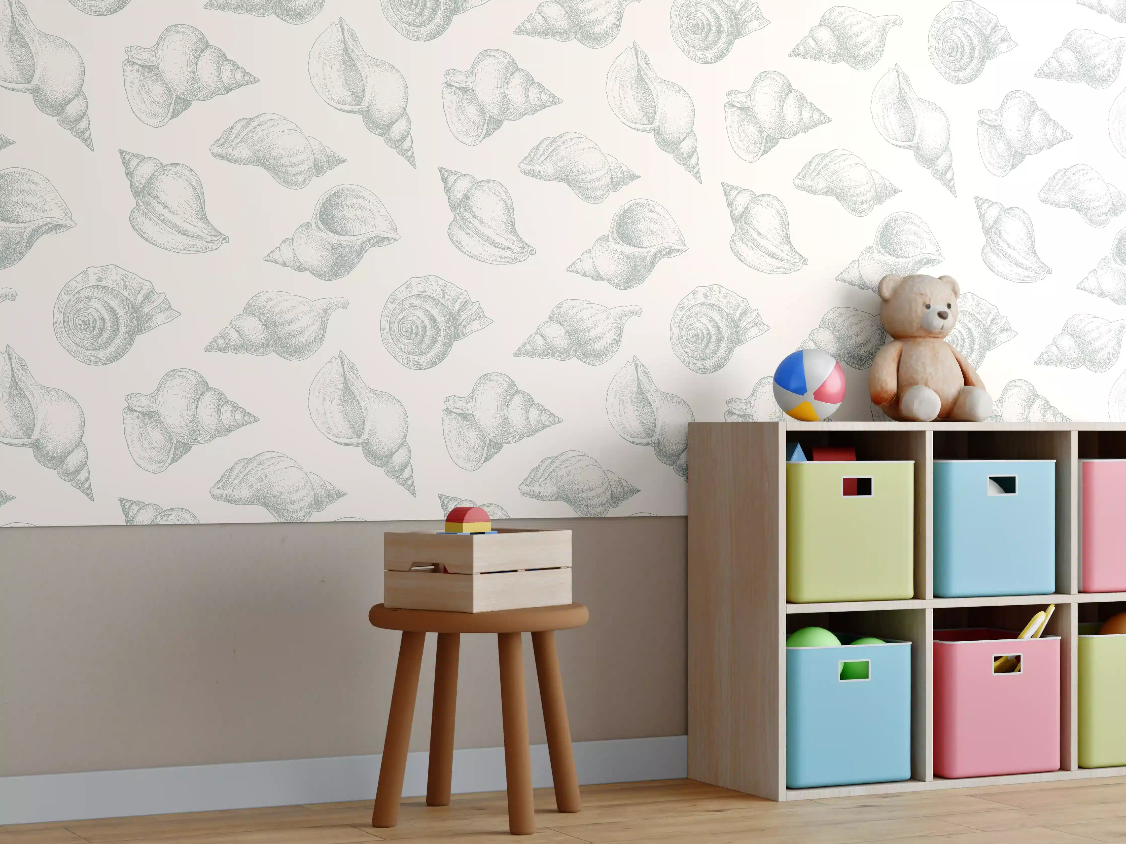 Kinderzimmer Wandgestaltung - Minimal Muschelmuster Beige-Grau