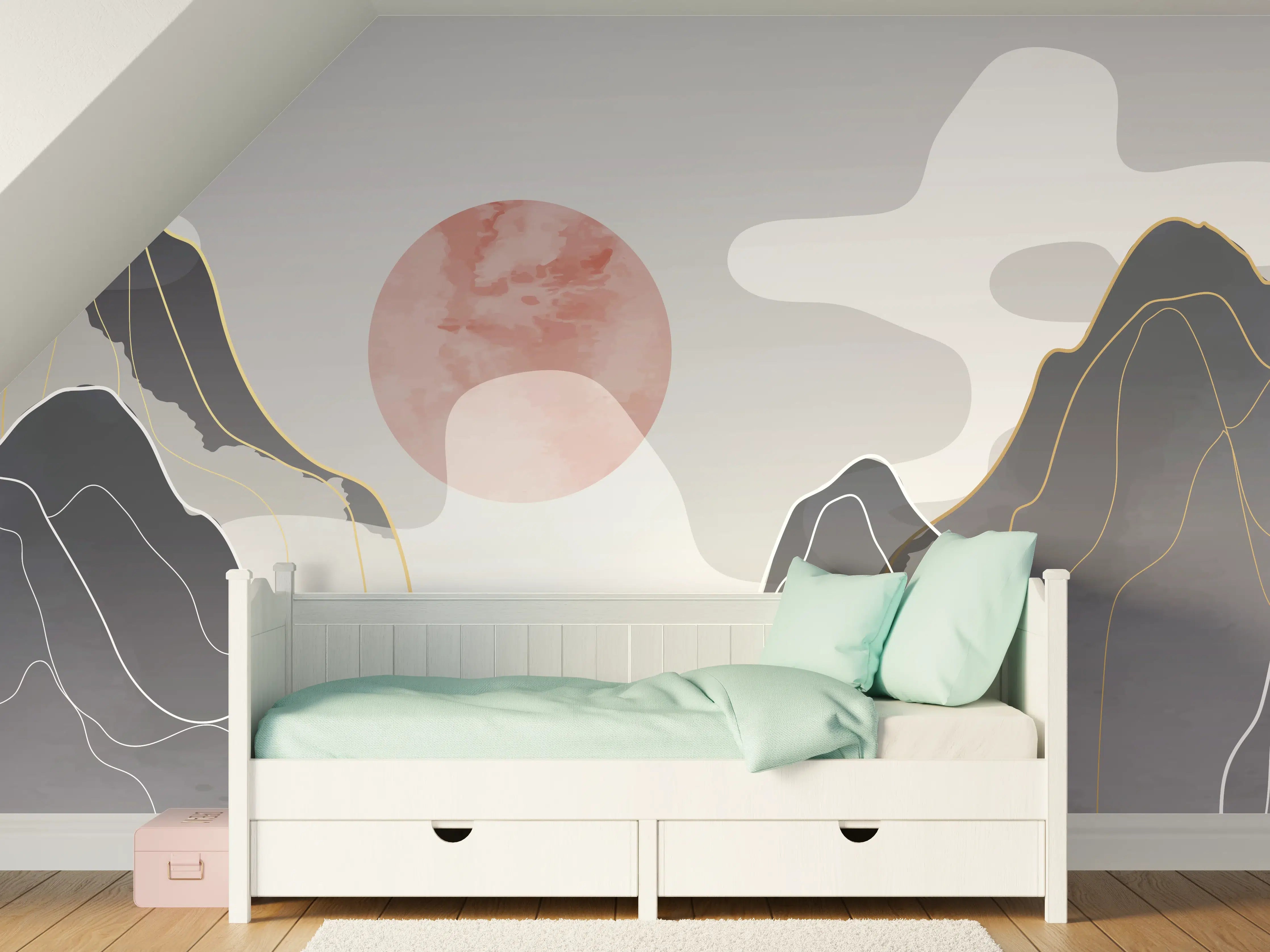 Kinderzimmer Wandgestaltung - Minimalistische Berg- und Sonnenillustration in Grau