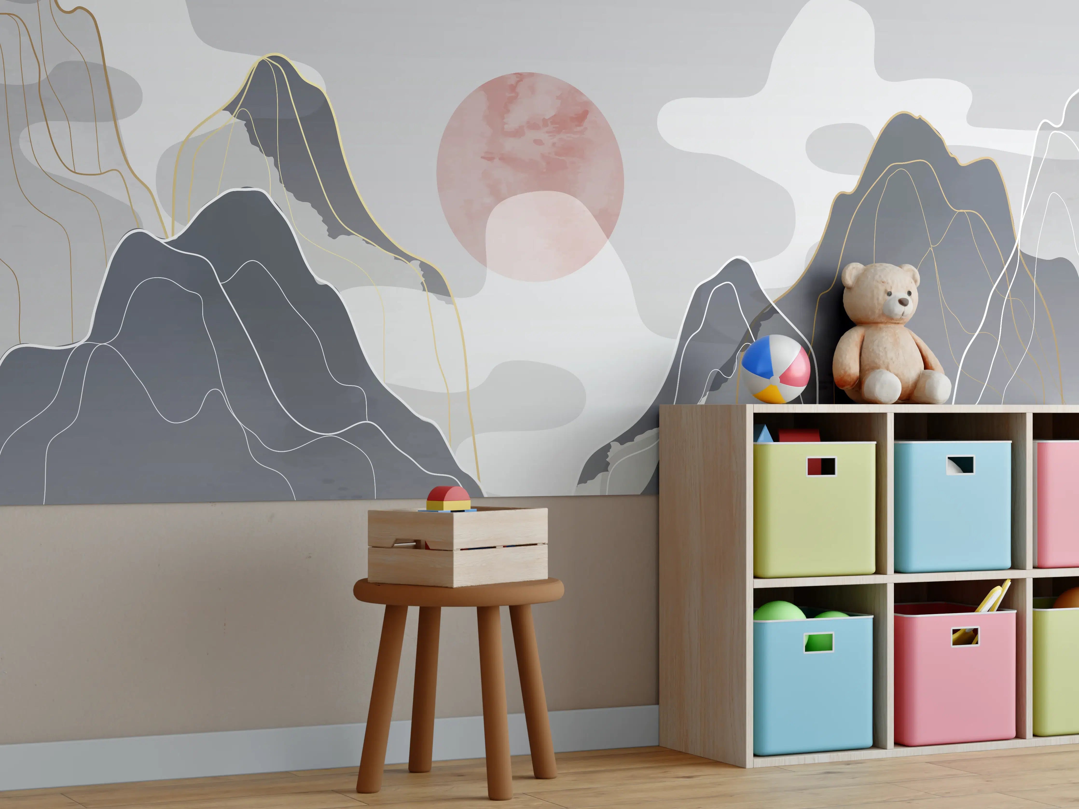 Kinderzimmer Wandgestaltung - Minimalistische Berg- und Sonnenillustration in Grau