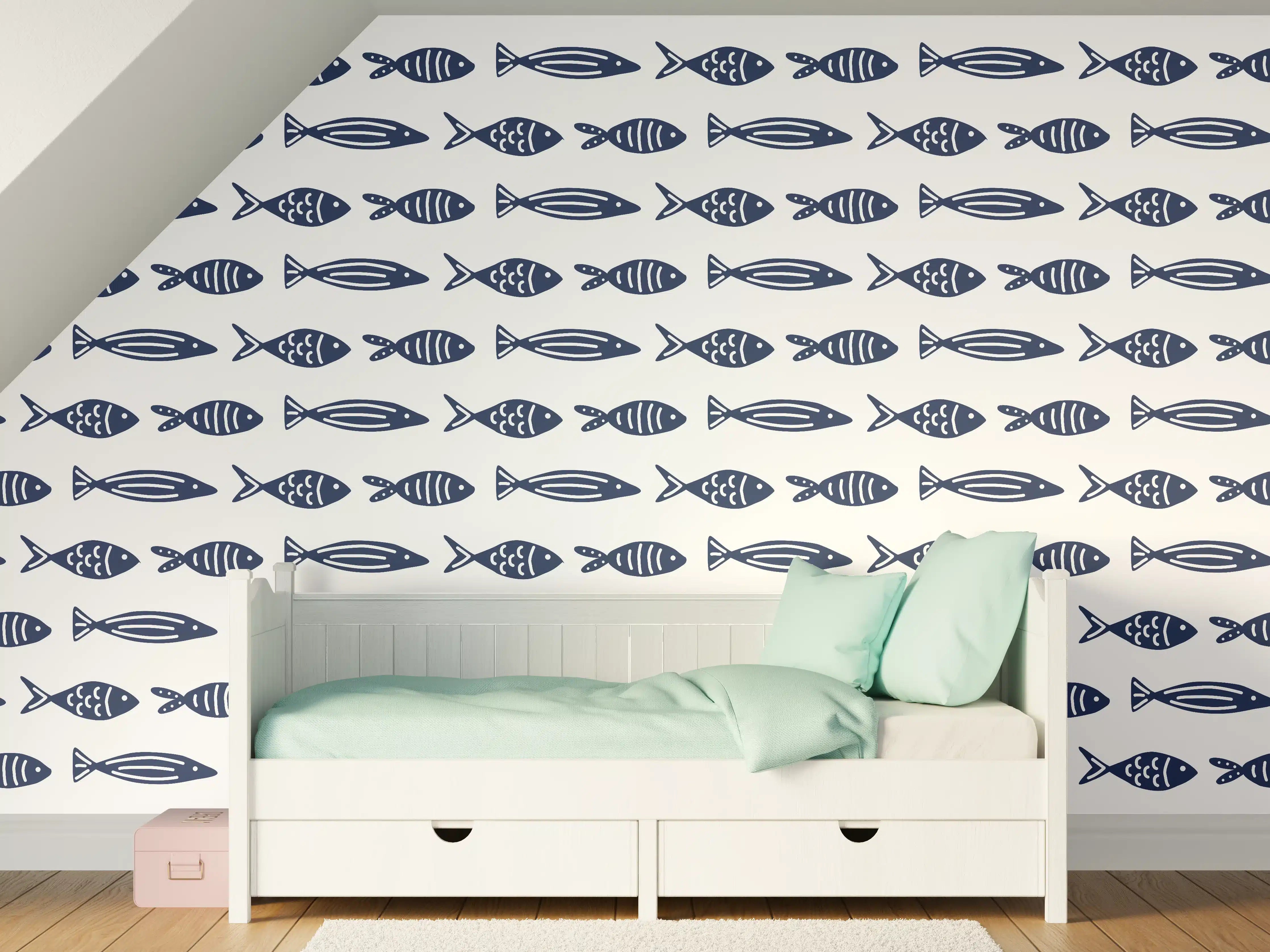 Kinderzimmer Wandgestaltung - Minimalistische Fische Blau-Weiß