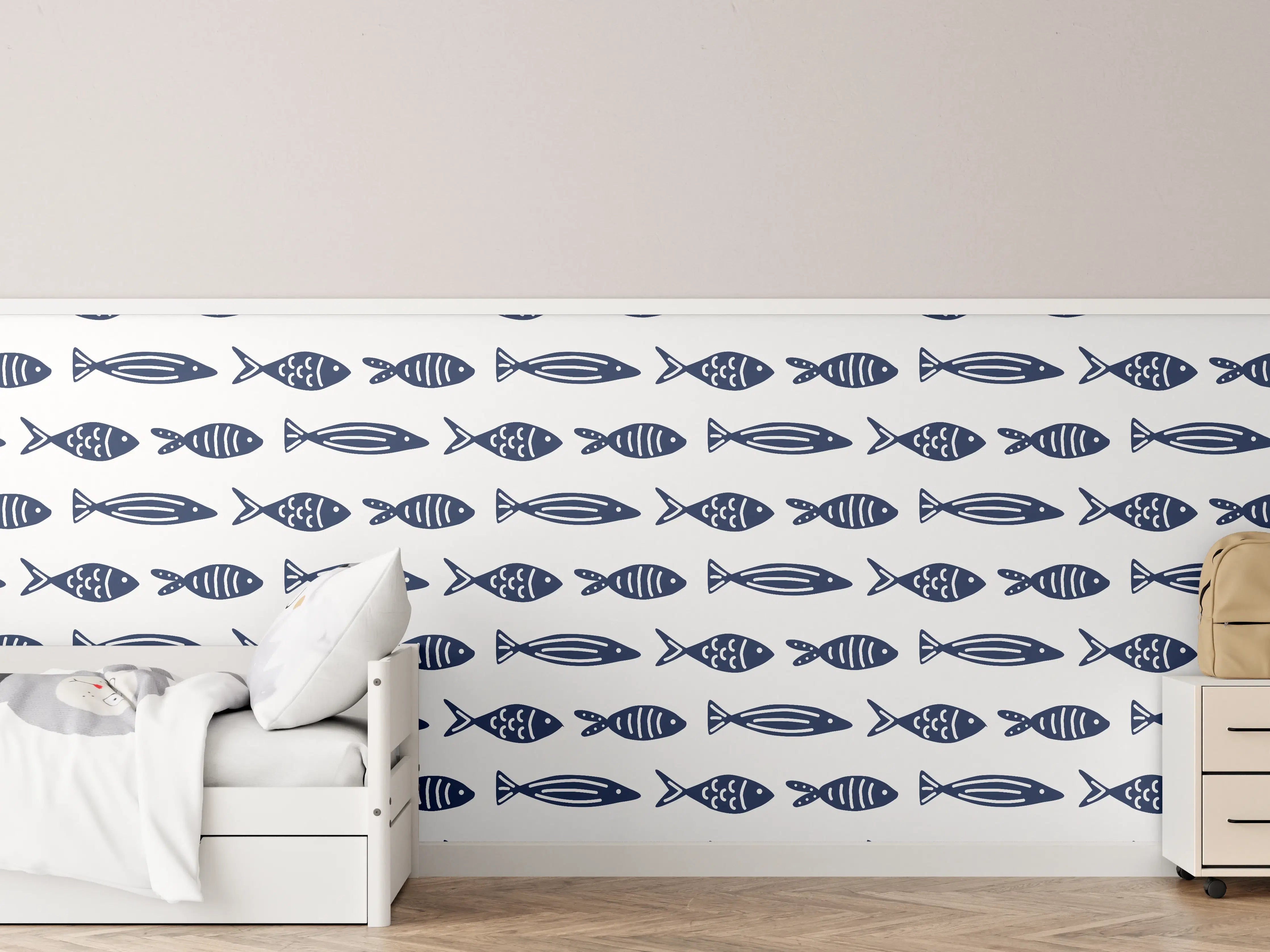 Kinderzimmer Wandgestaltung - Minimalistische Fische Blau-Weiß