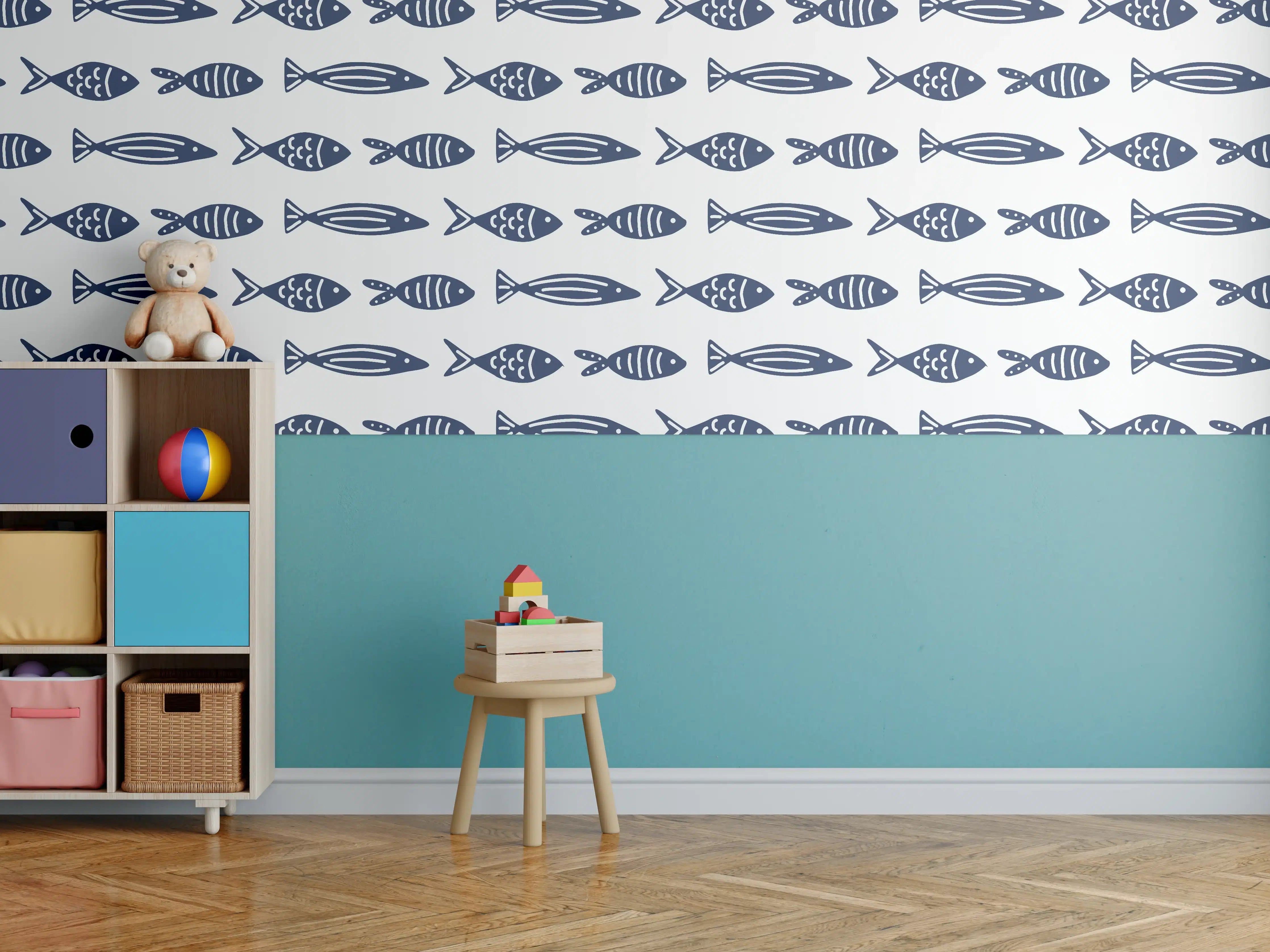 Kinderzimmer Wandgestaltung - Minimalistische Fische Blau-Weiß