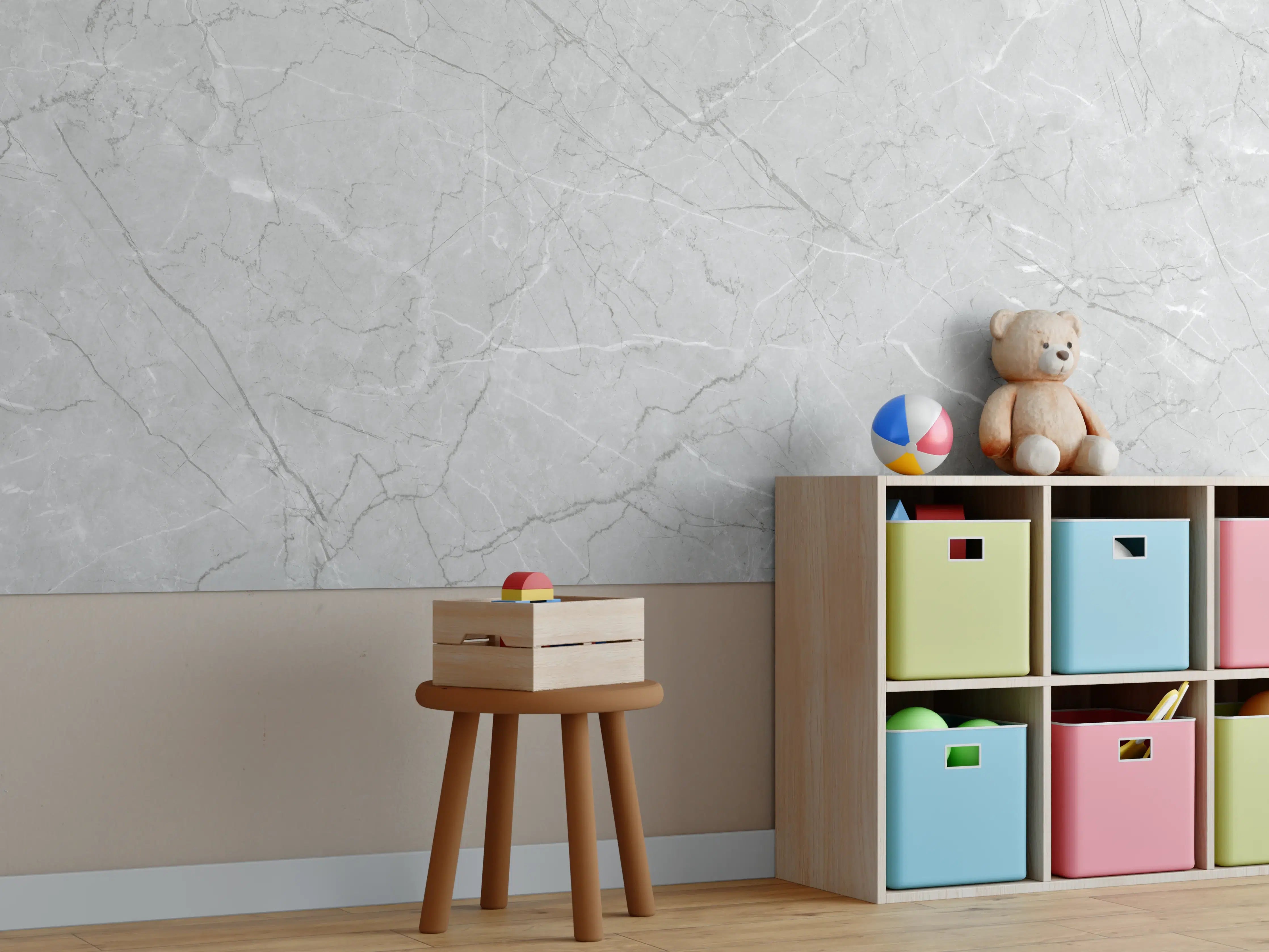 Kinderzimmer Wandgestaltung - Minimalistische Marmorfläche in Weiß und Grau