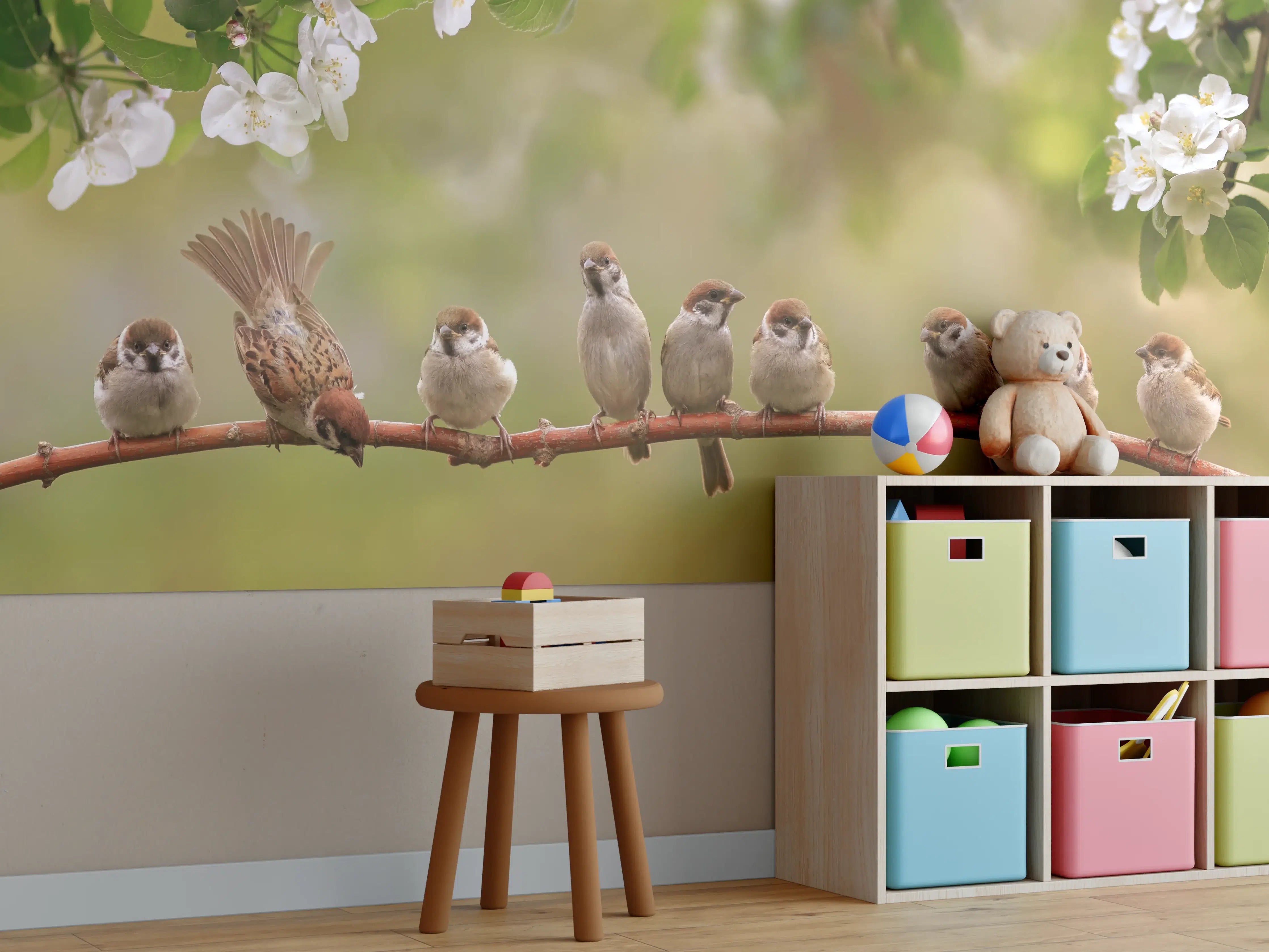 Kinderzimmer Wandgestaltung - Minische, süße Vögel auf Ast