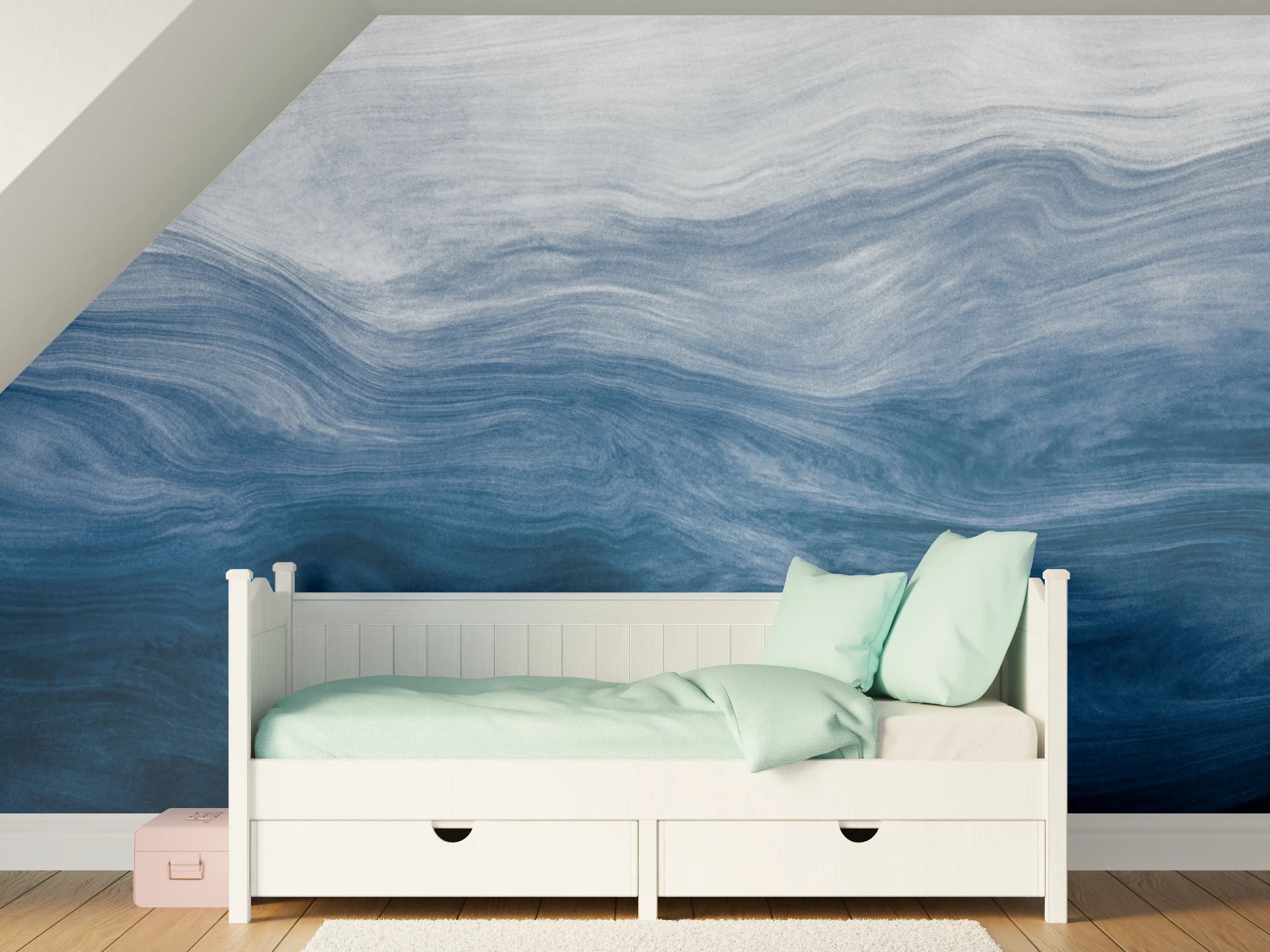 Kinderzimmer Wandgestaltung - Moderne Abstrakte Blautöne Wellenstruktur