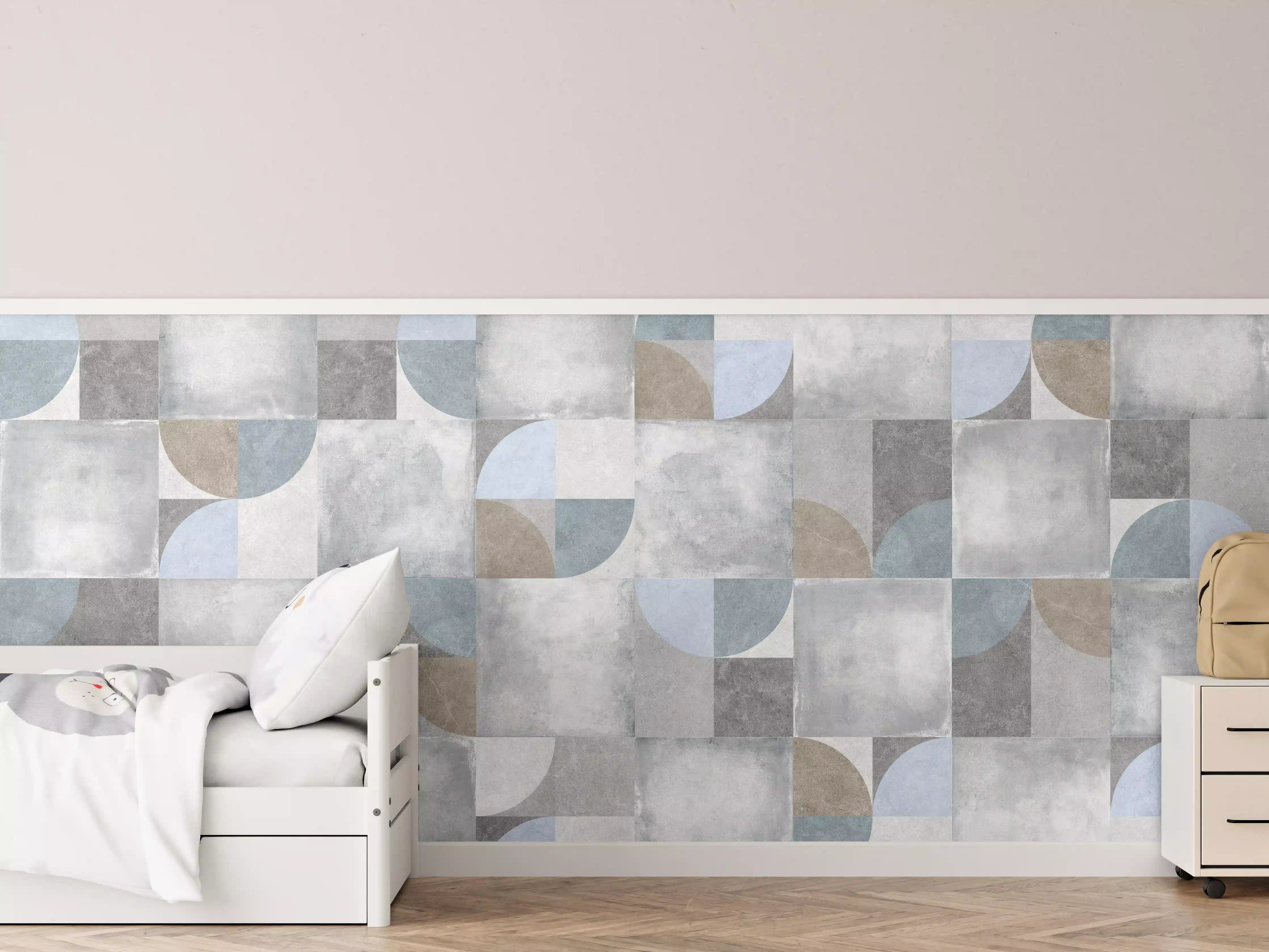 Kinderzimmer Wandgestaltung - Moderne Betonoptik mit sanften Blauakzenten