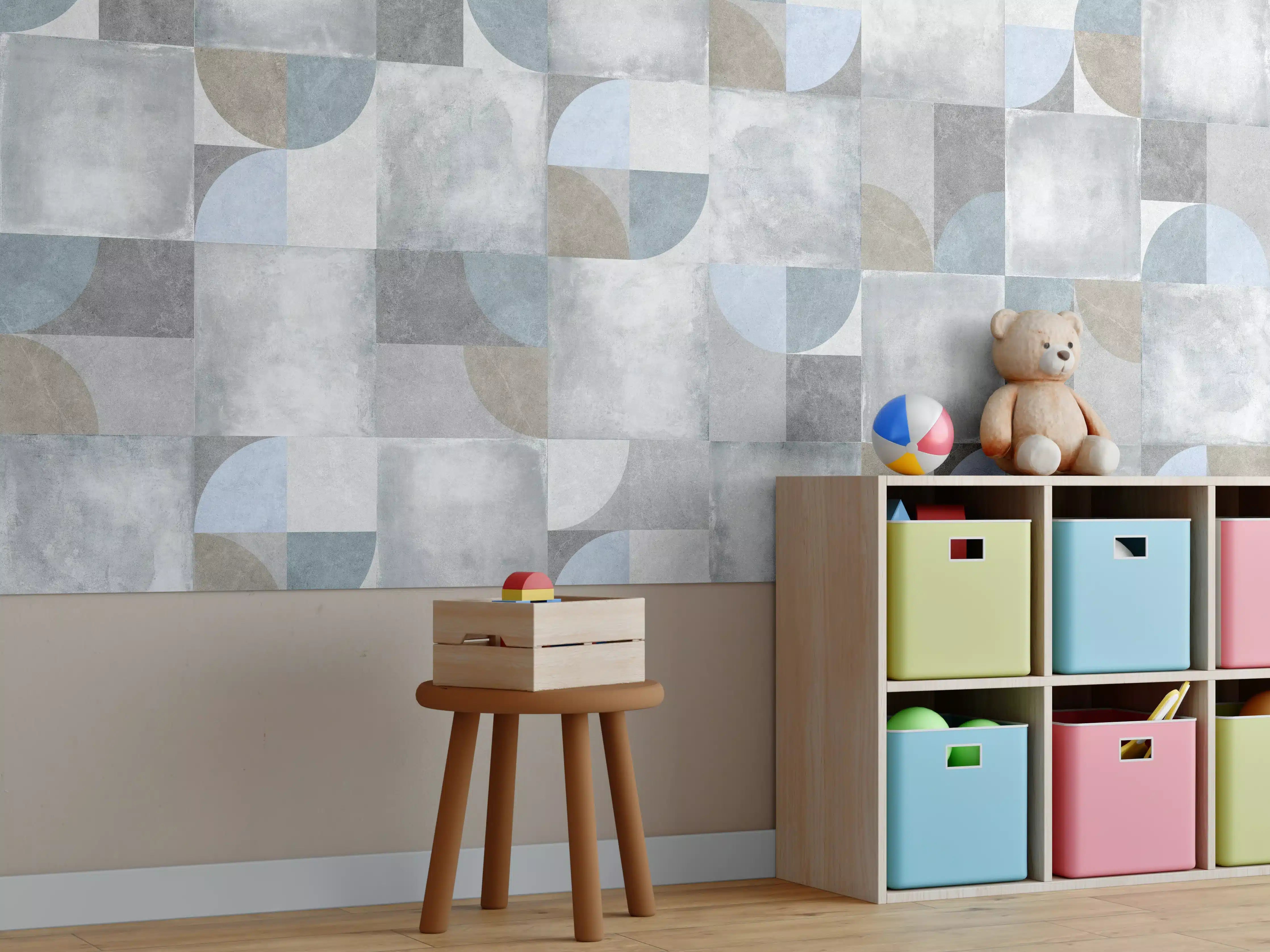 Kinderzimmer Wandgestaltung - Moderne Betonoptik mit sanften Blauakzenten