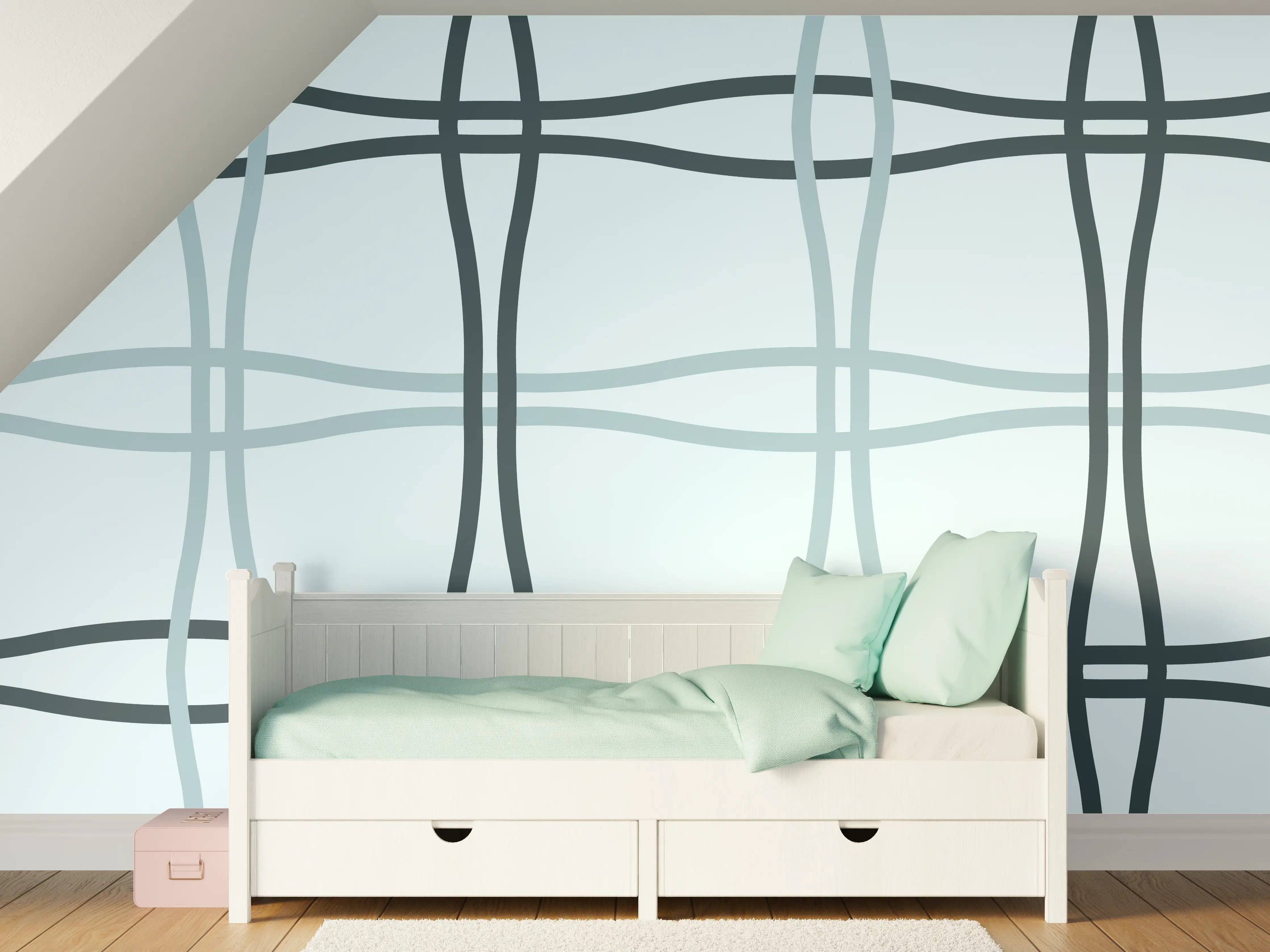 Kinderzimmer Wandgestaltung - Moderne Blau-Grau Linienmuster
