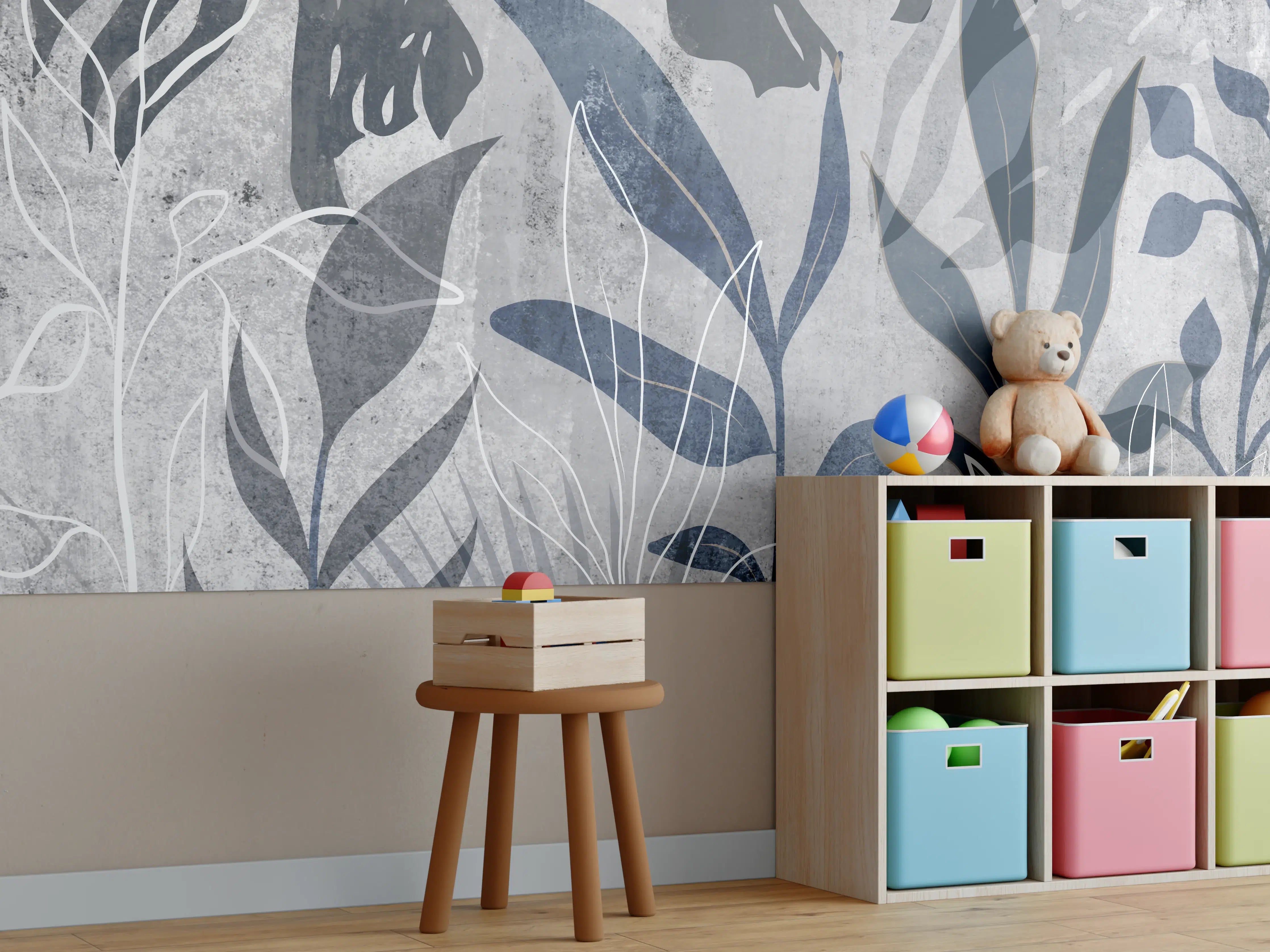 Kinderzimmer Wandgestaltung - Moderne Botanik Grau-Weiß